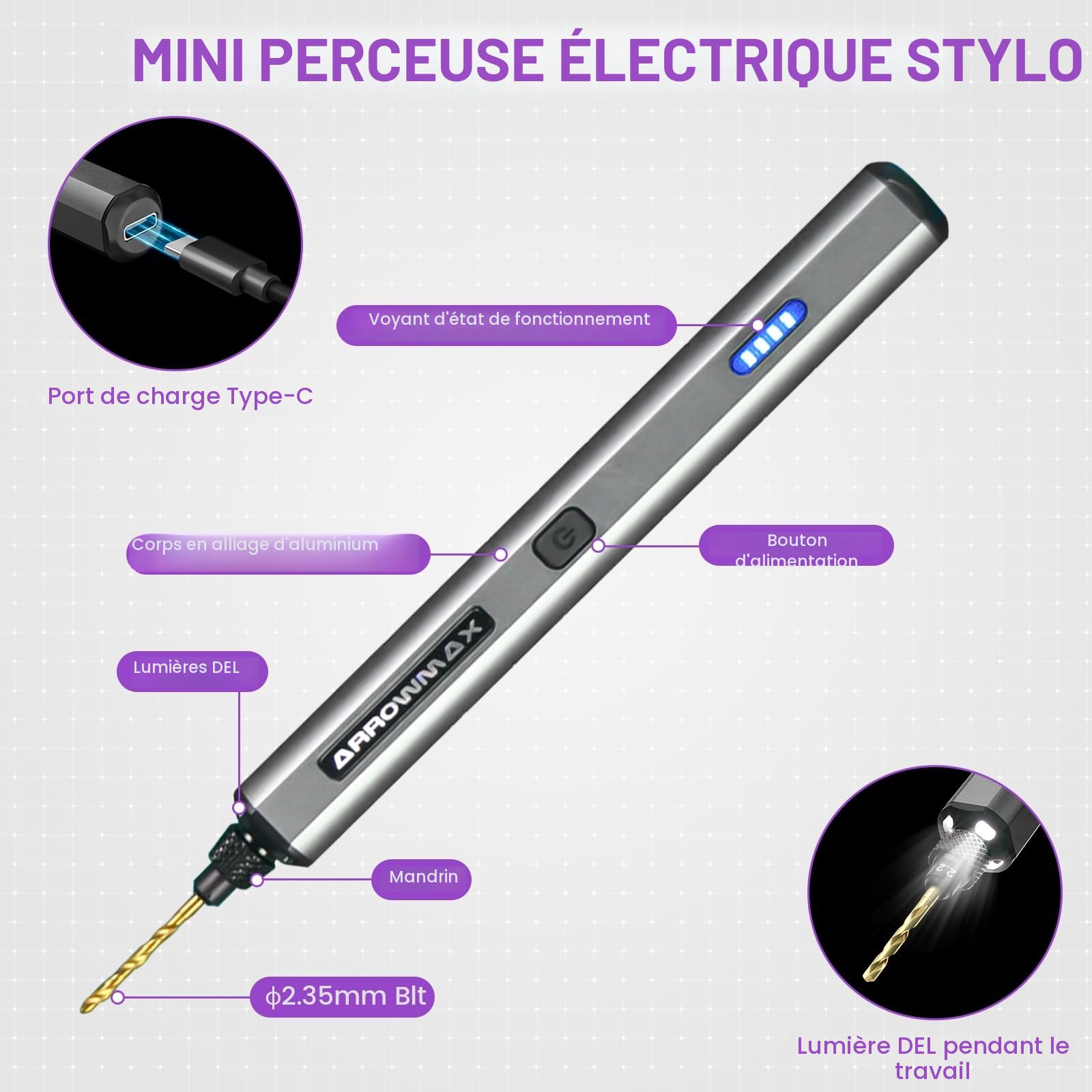 ARROWMAX Mini stylo de perceuse électrique, 13 en 1 avec étui en aluminium, rechargeable, 800 tr/min, kit de perceuse à main, 10 embouts HSS, bricolage, bois, fabrication de bijoux (SDS MINI)