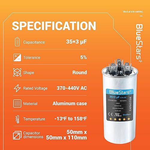 Miniatura 10 de BlueStars 2 paquetes 35+5 uF 355 MFD 370440VAC condensador redondo de doble funcionamiento, para arranque del motor del ventilador de unidad de CA o
