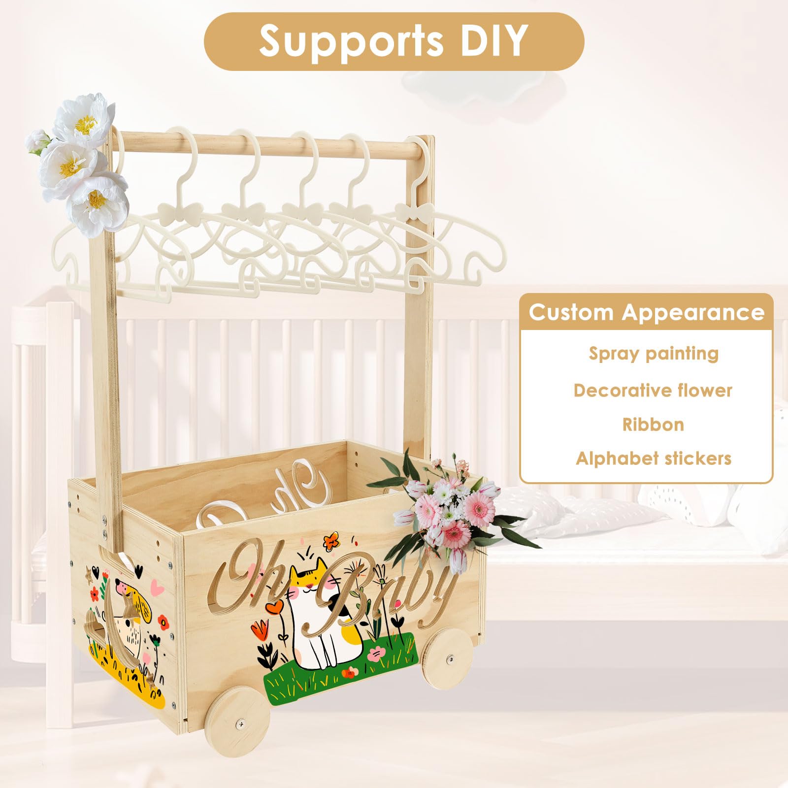 Panier cadeau pour bébé, avec poignée, 34 × 23 × 50 cm, panier cadeau pour bébé, en bois, avec 6 crochets, boîte de rangement personnalisée, cadeau de bienvenue pour nouveau-nés, garçons et filles