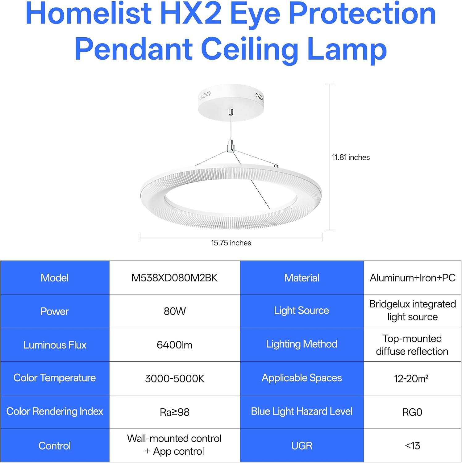 Homelist HX2 6400LM Full Spectrum Eye Protection Chandelier, Pendant Ceiling Light Indirect Diffuse Reflection for Living Room, Bedroom, Mother Baby Children's Room, Wall Control or Tuya APP Control