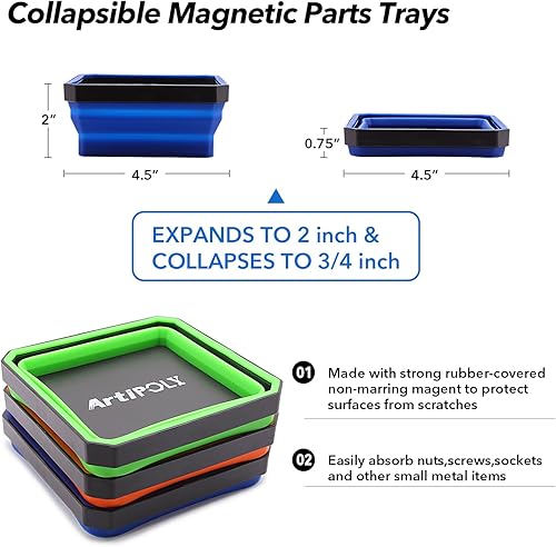 Miniatura 2 de Juego de bandejas magnéticas plegables, paquete de 3 bandejas de herramientas magnéticas de silicona plegables para pernos, tornillos, tuercas y