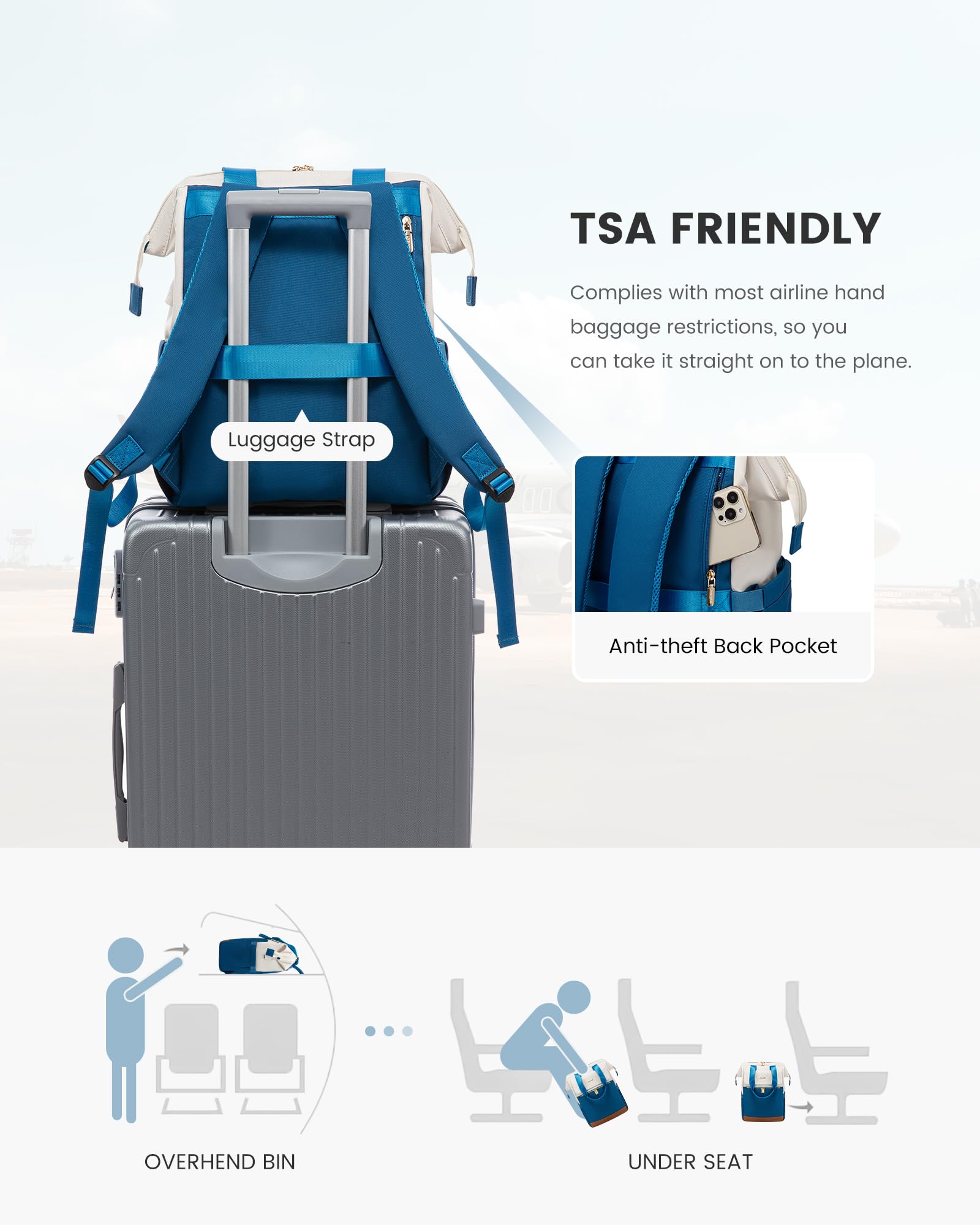 LOVEVOOK Zaino Blu, Zaino Scuola Ragazze con Scomparto per Laptop 15,6 Pollici, Zaino da Viaggio Impermeabile, Borsa da Lavoro per Insegnanti e Viaggi per Scuola Università Ufficio, Beige-Blu