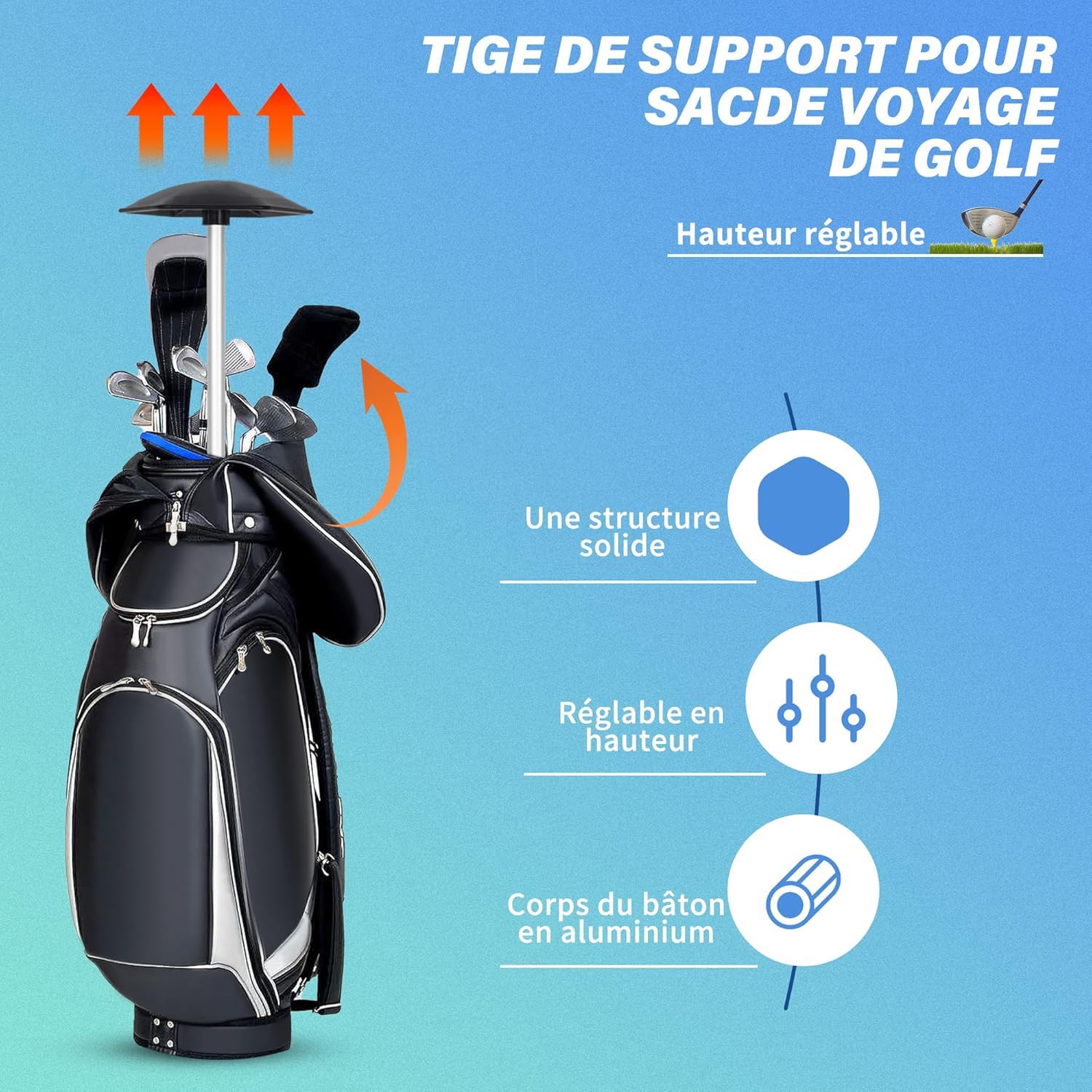 OUUTMEE Golf Reisetaschen Stützstange, Aluminium Golf Stützstange Sechseckig Schlagfestig Golf Reiseabdeckung Flexible Golf Club Travel Support Schutz Stick Bar