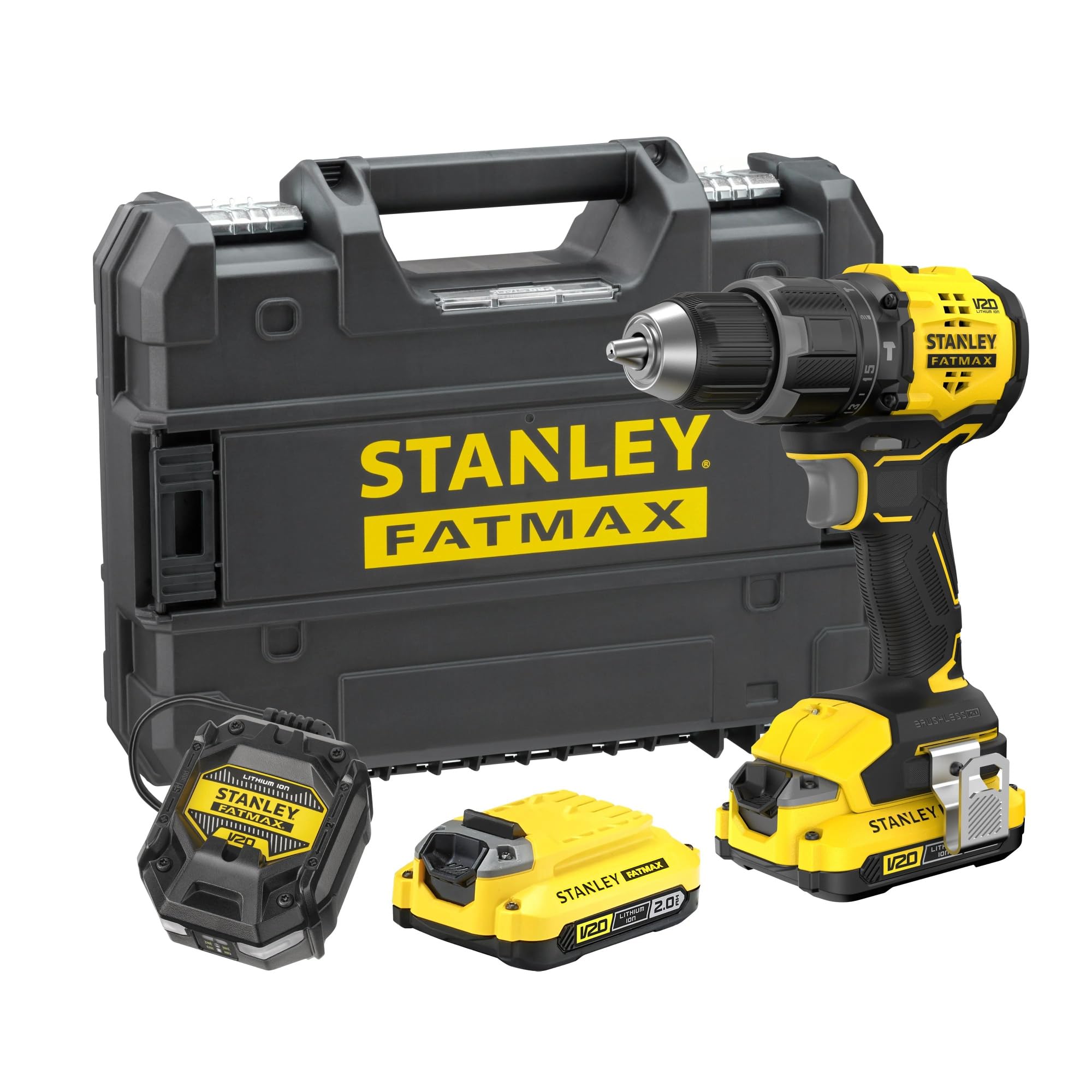 STANLEY V20 Trapano avvitatore a percussione a 2 ingranaggi senza fili, include 2 batterie agli ioni di litio da 2,0 A, caricatore da 1,25 A e valigetta ProStack, 18 V, SFMCD716D2T-QW