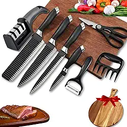 Kit de Facas Cozinha Churrasco Premium Inóx 9 Peças MZcell - Conjunto completo do Chef com Facas Lindas e Precisas, Amolador, Garra de Urso + Tábua