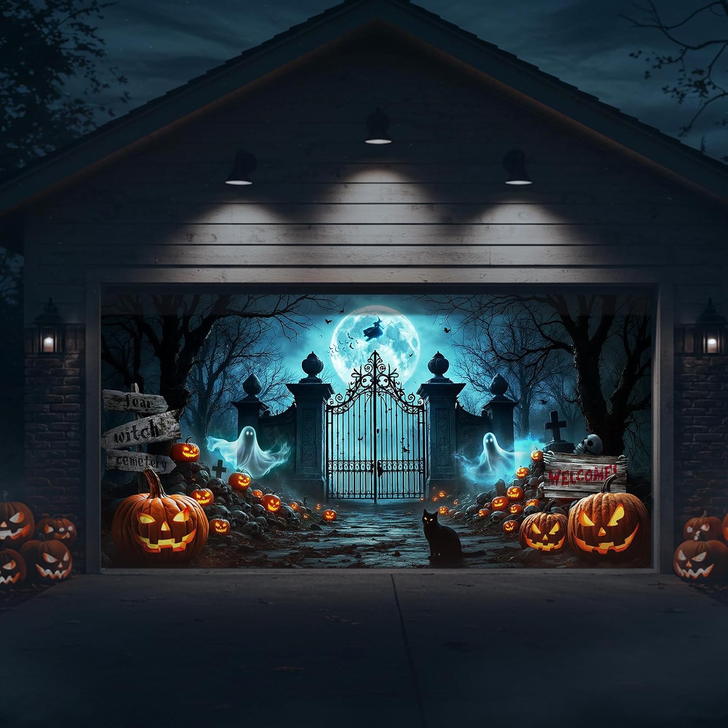 Tioncy 8 x 16 ft Halloween Garage Door Cover Large Spooky Hanging Backdrop Banner Halloween Garage Mural Wall Decorations for Outdoor Indoor Holiday Window Yard Party