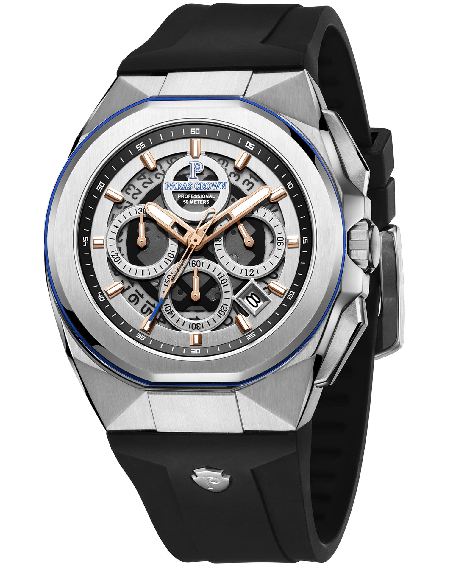 Paras Crown Mens Watches Fashion Luxury Quartz 50M Waterproof Chronograph Wrist Watches for Men Round Silicone Strap Stainless Steel Case, Silver-U, Chronograph (B0BFD4CKDV) Amazon Price History, Amazon Price Tracker