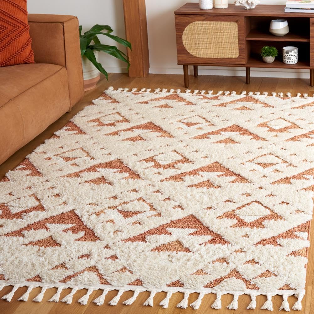 SAFAVIEH Moroccan Tassel Shag Collection Area Rug - 5'3" x 7'6", Ivory & Brick Rust, Non-Shedding & Easy to Clean, Plush High-Low Texture, Ideal for