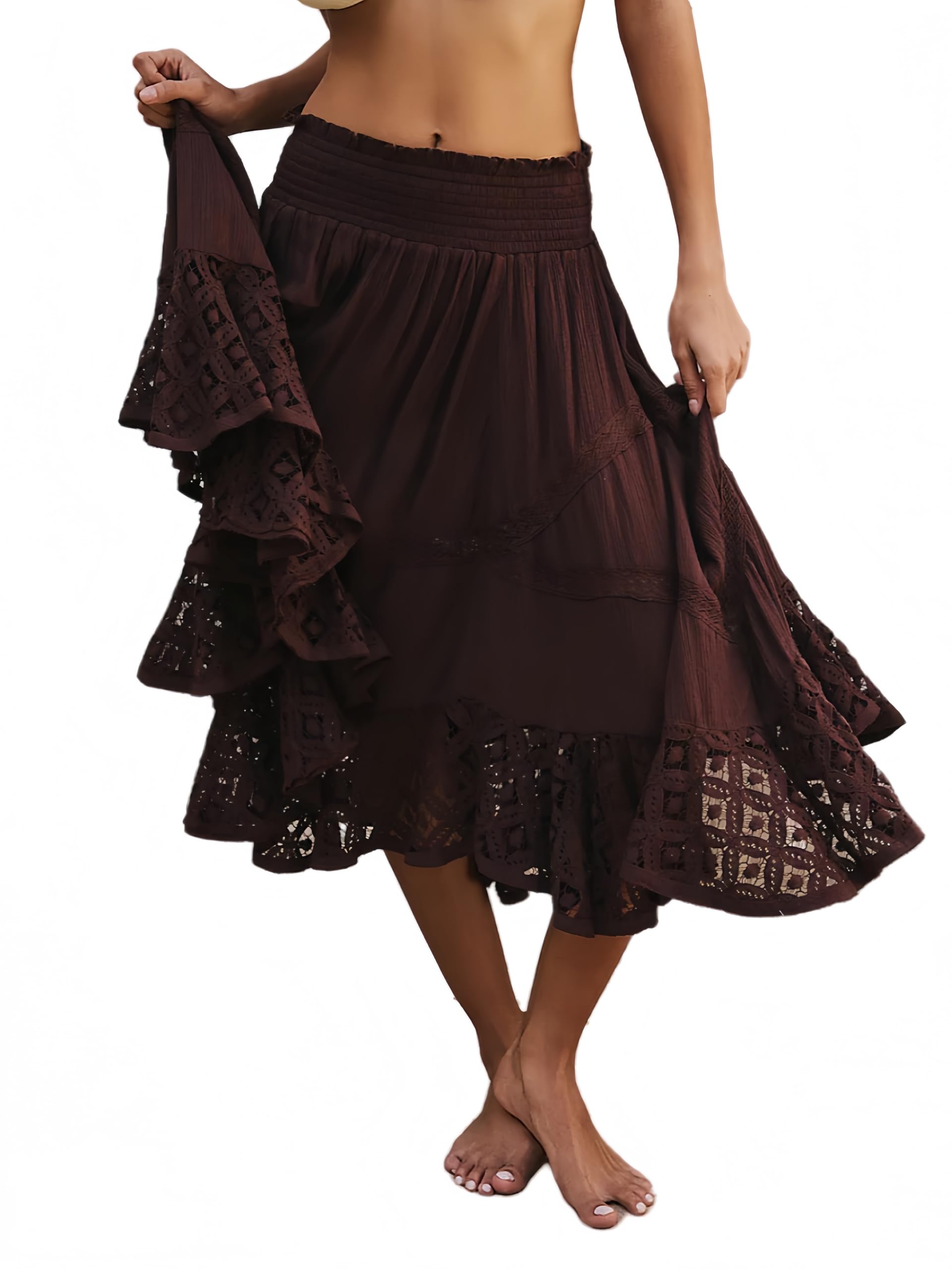 Women Midi Skirt Casual Boho Lace Tiered Asymmetrical Embroidery Elastic Waist Flowy Summer Beach Long Skirts