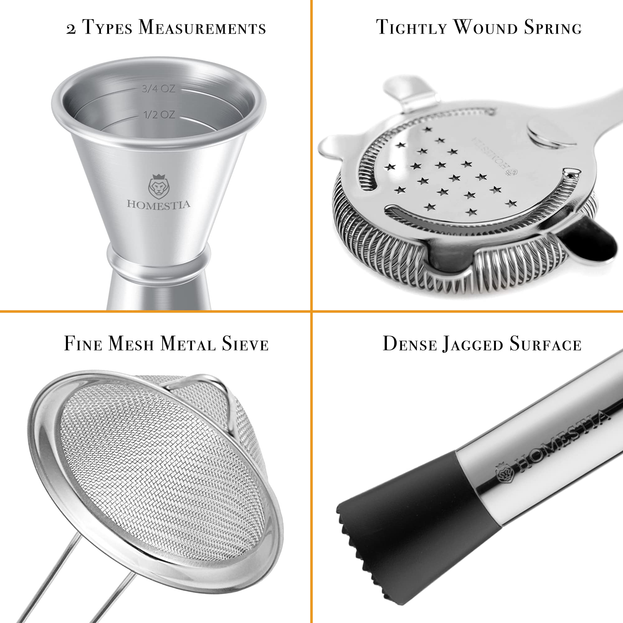 Homestia Set di 9 pezzi Boston Shaker in acciaio inossidabile Accessori per carrelli: Shaker Boston Shaker, Jigger, cucchiaio da bar... Shakers per bevande alcoliche