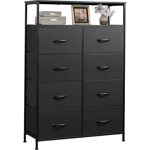 WLIVE Fabric Dresser for Bedroom with Open Shelves, Tall White Dresser with 8 Drawers, Storage Tower with Fabric Bins, Chest of Drawers for Closet, Hallway