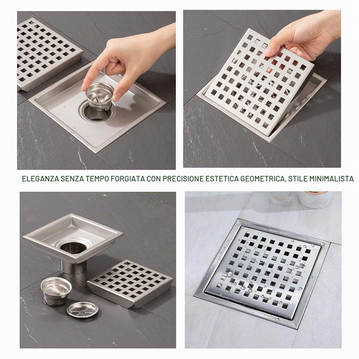 Canalina per doccia quadrata, 15 x 15 cm, sifone 360° con filtro antiodore e filtro capelli, 2 in 1, pinza in acciaio inox, per bagno, cantina, interni ed esterni