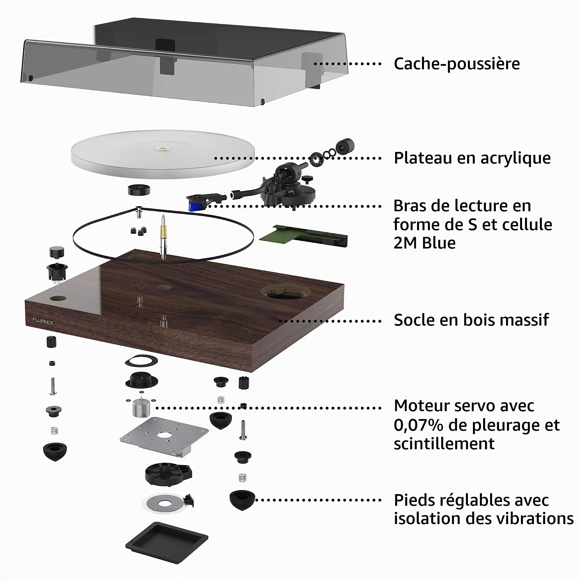 Fluance RT85 Platine Vinyle De Référence – Cellule Ortofon 2M Blue, Plateau en Acrylique, Contrôle De Vitesse, Socle en MDF Massif, Pieds D’Isolation Antivibrations – Noyer