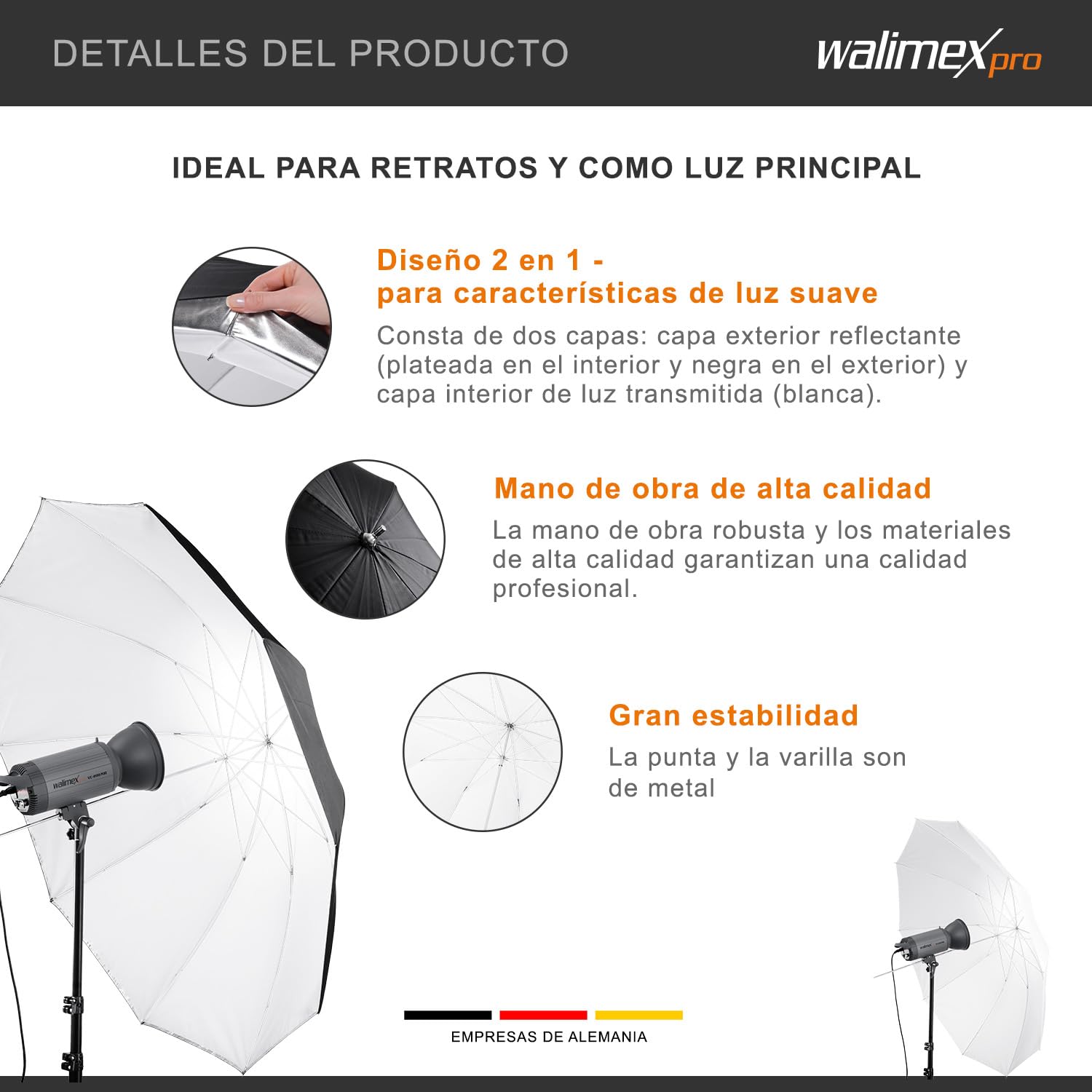 Walimex Pro - Paraguas 2 en 1 de 150 cm (Transparente y réflex), Blanco y Negro