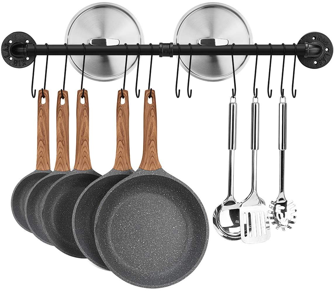 Toplife Hakenleiste Küche 80 cm, schwarze Hängeleiste mit 14 Haken, Stange für Küchenutensilien