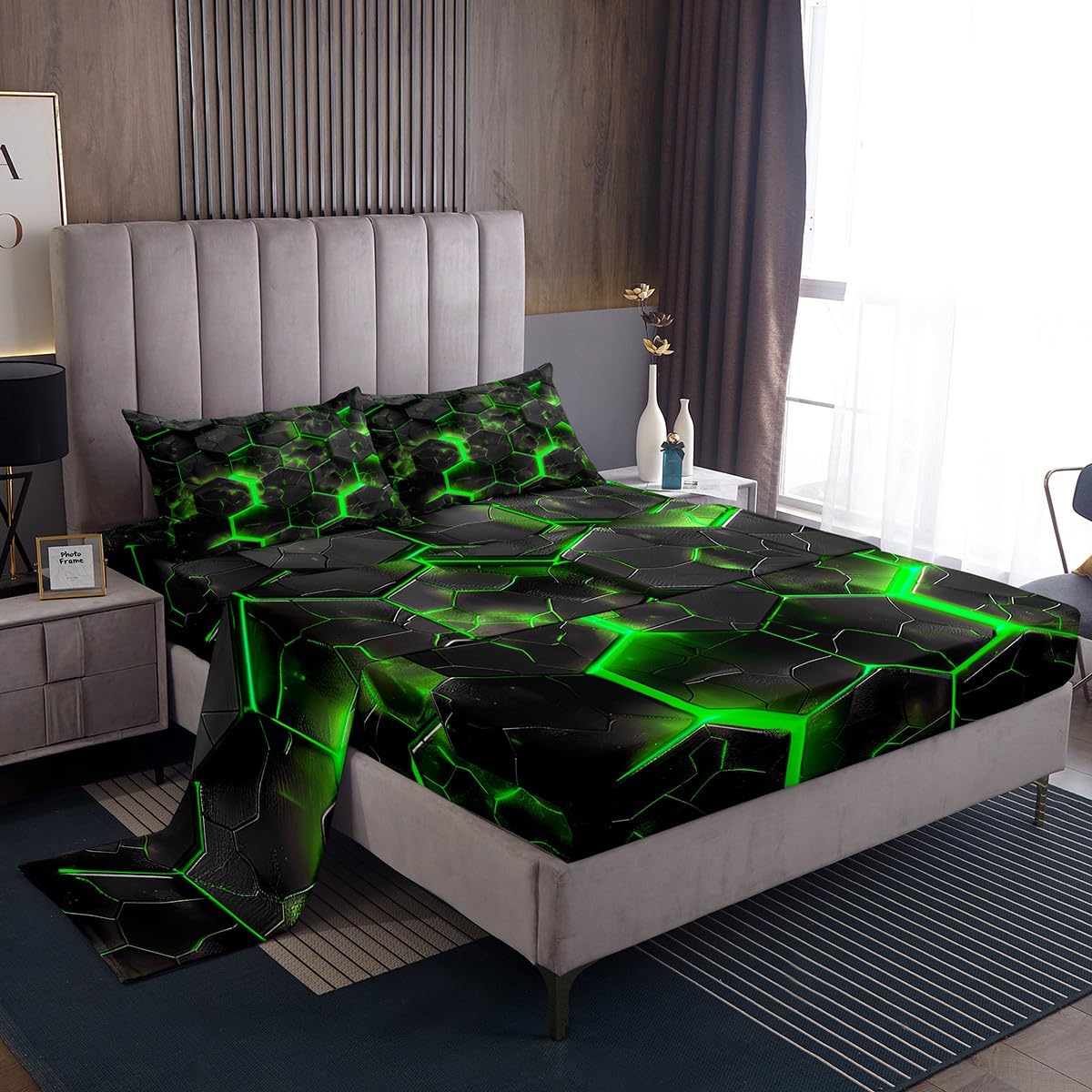 jejeloiu Green and Black Bed Sheets Set Queen Size Honeycomb Fitted Sheet for Kids Boys Girls Decor Geometrical Beehive Bedding Set