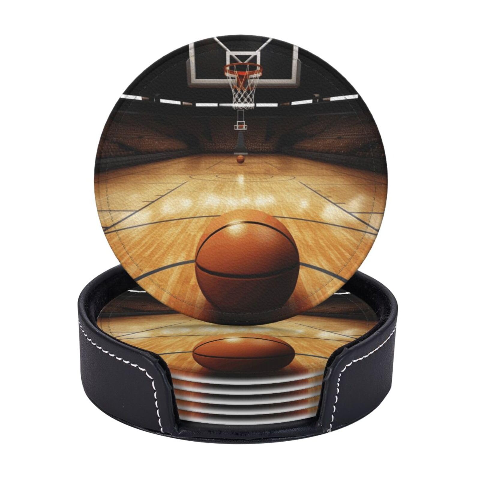 Drink Coasters Set of 6 Coffee Leather Coaster with Holder Basketball Arena Coasters for Drinks Coffee Cup Mat Heat Resistant Tabletop Protection Coaster Desk Accessorie Home Decorative