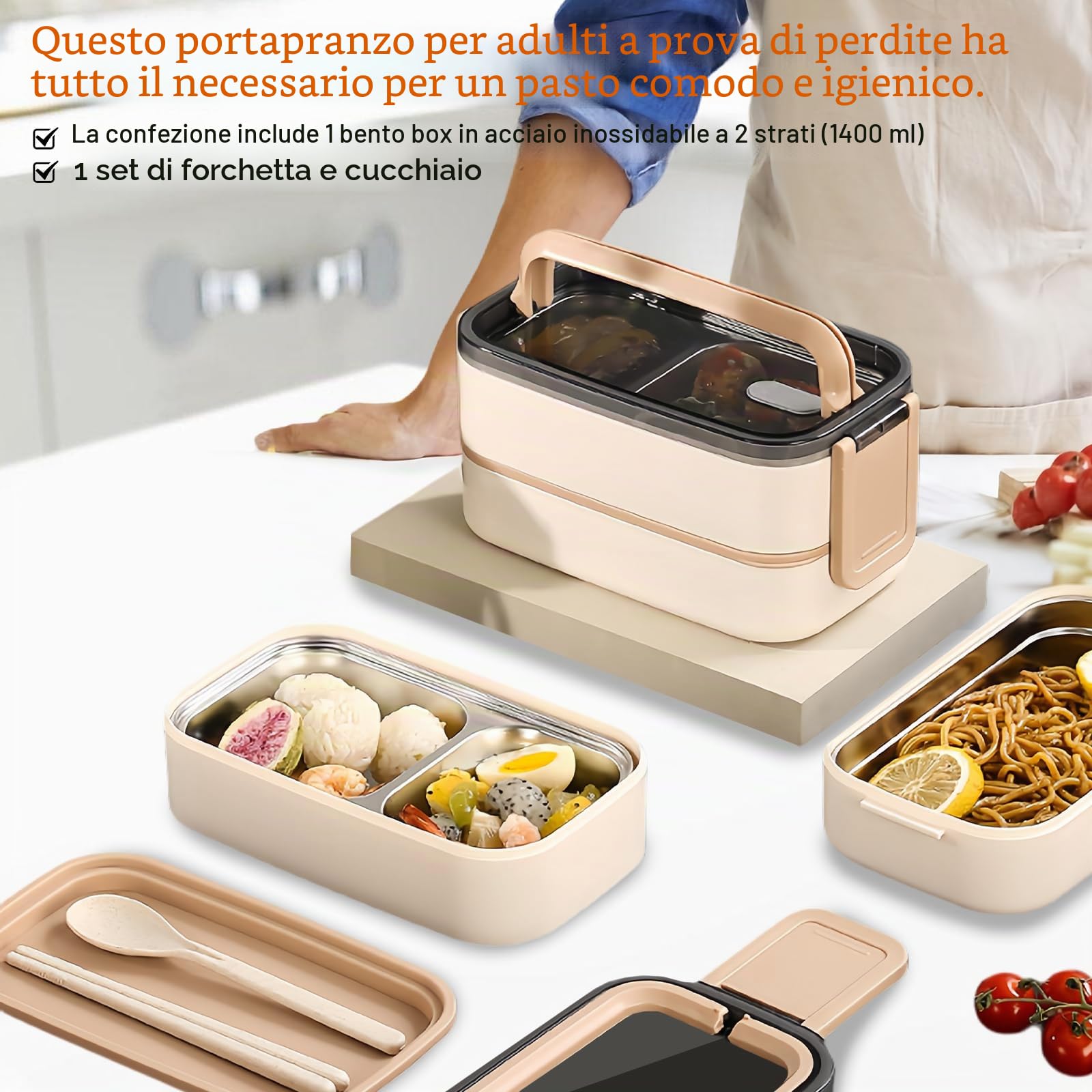 Bento Lunch Box 2 ripiani con scomparti: contenitore per il pranzo per adulti, in acciaio inox premium, senza BPA, con posate, ideale per i viaggi, adatto al microonde, per il pranzo Meal Prep