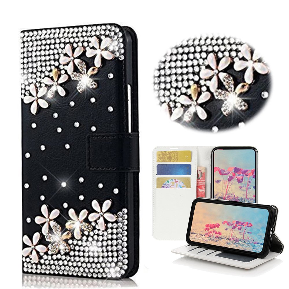 STENES Sparkle Wallet Phone Case Compatible with Google Pixel 2 [Stylish] 3D Handmade Bling Flowers Floral Crystal Diamond Design Girls Women Cover - Black