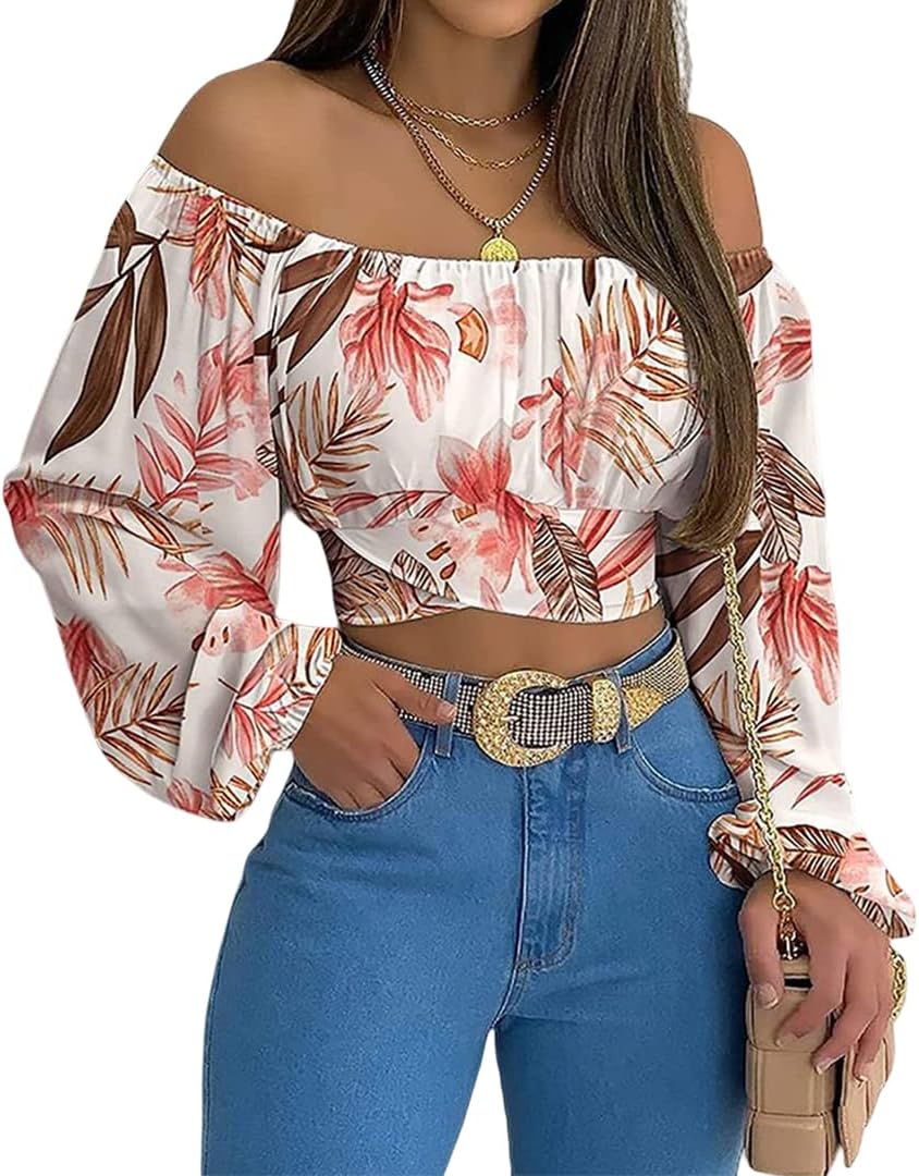 MIRACMODA Woman Off Shoulder Ruched Tie Back Crop Top Summer Lantern Sleeve Boho Shirt Blouse
