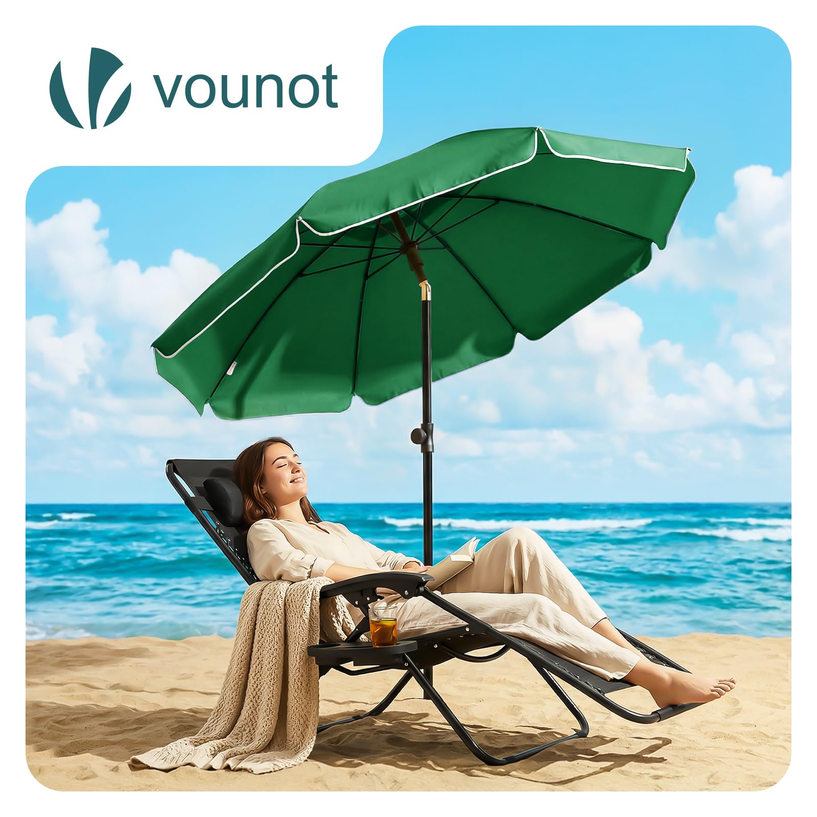 VOUNOT® Sombrilla Playa Grande Ø200cm y Soporte Arena Mástil Inclinable Altura Regulable Protección UV 50+ Parasol con Techo Ventilación Bolsa Transporte para Playa Terraza Balcón Camping Exterior — view 2