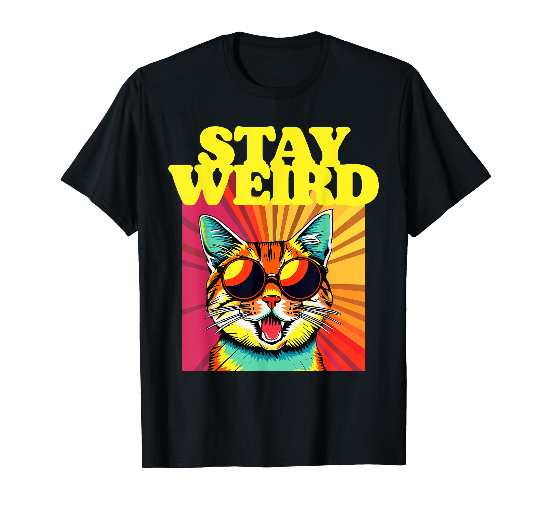 The ThrillmaticStay Weird Awesome 80s Abstract Art Cool Cat T-ShirtOEKO-TEX STANDARD 100