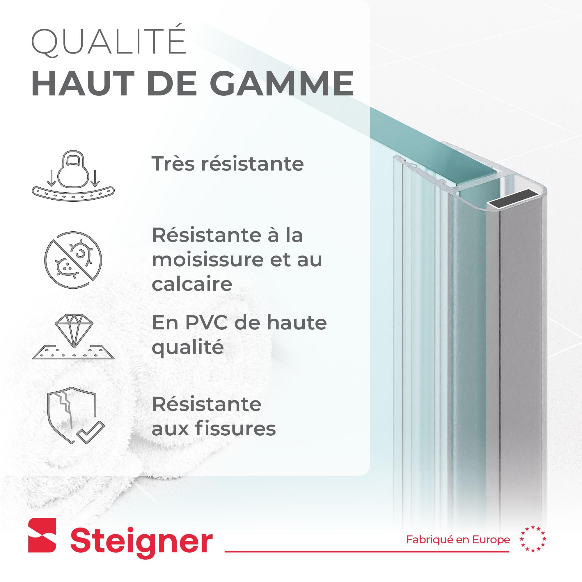 STEIGNER Joint magnetique douche UKM01 181 cm (1 pc.) - Joint porte de douche d’angle, pentagonale, arrondie, en niche ou quart de cercle avec porte 3,5-5 mm - Étanchéité, Protection contre les fuites