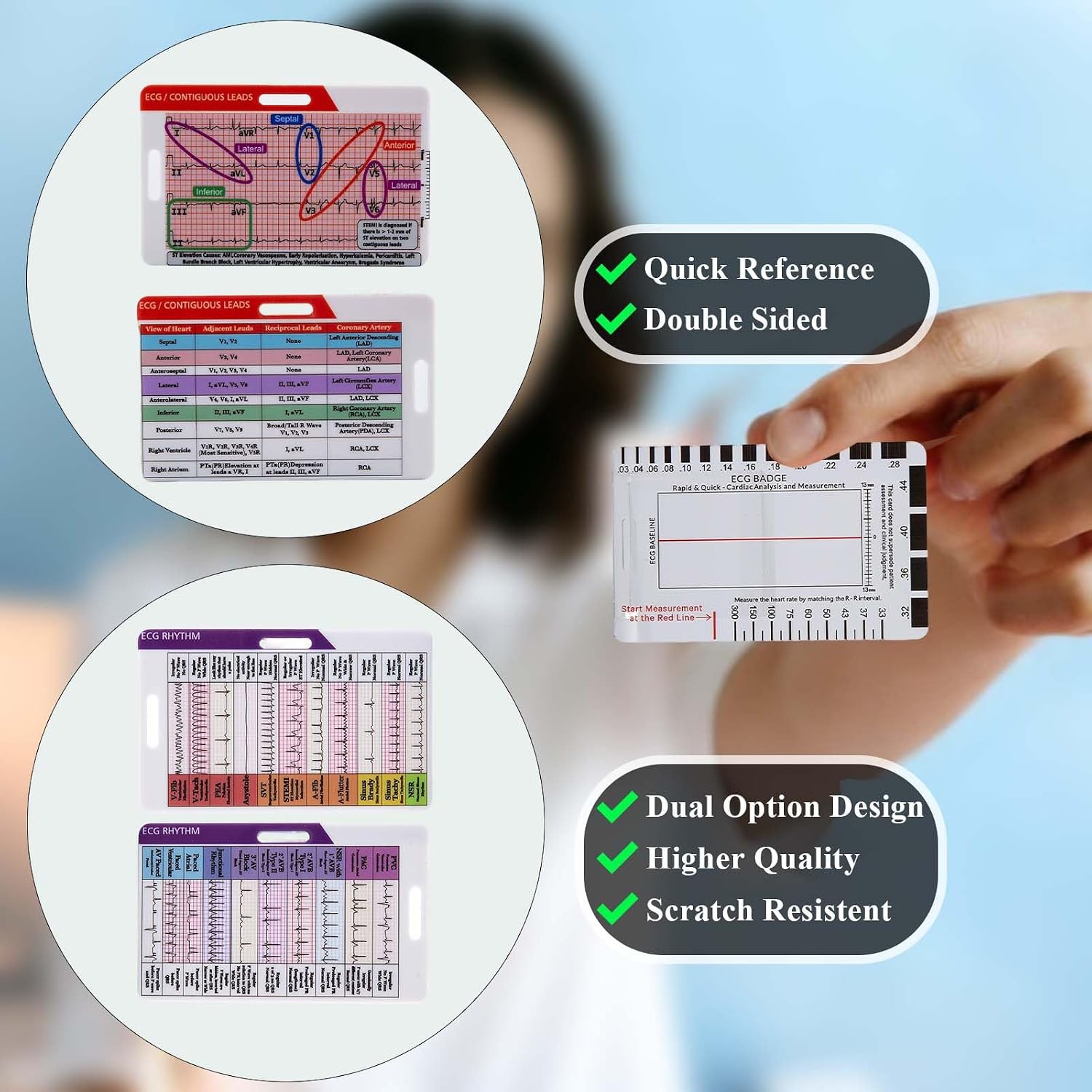 EKG Rhythm Interpretation Badge Card Set, 3-Pack Portable Quick Reference, 12-Lead STEMI Cardiac Rhythms & Intervals, Dual Horizontal Vertical Layout for RN, EMT, PA, RT, NP Educational Use