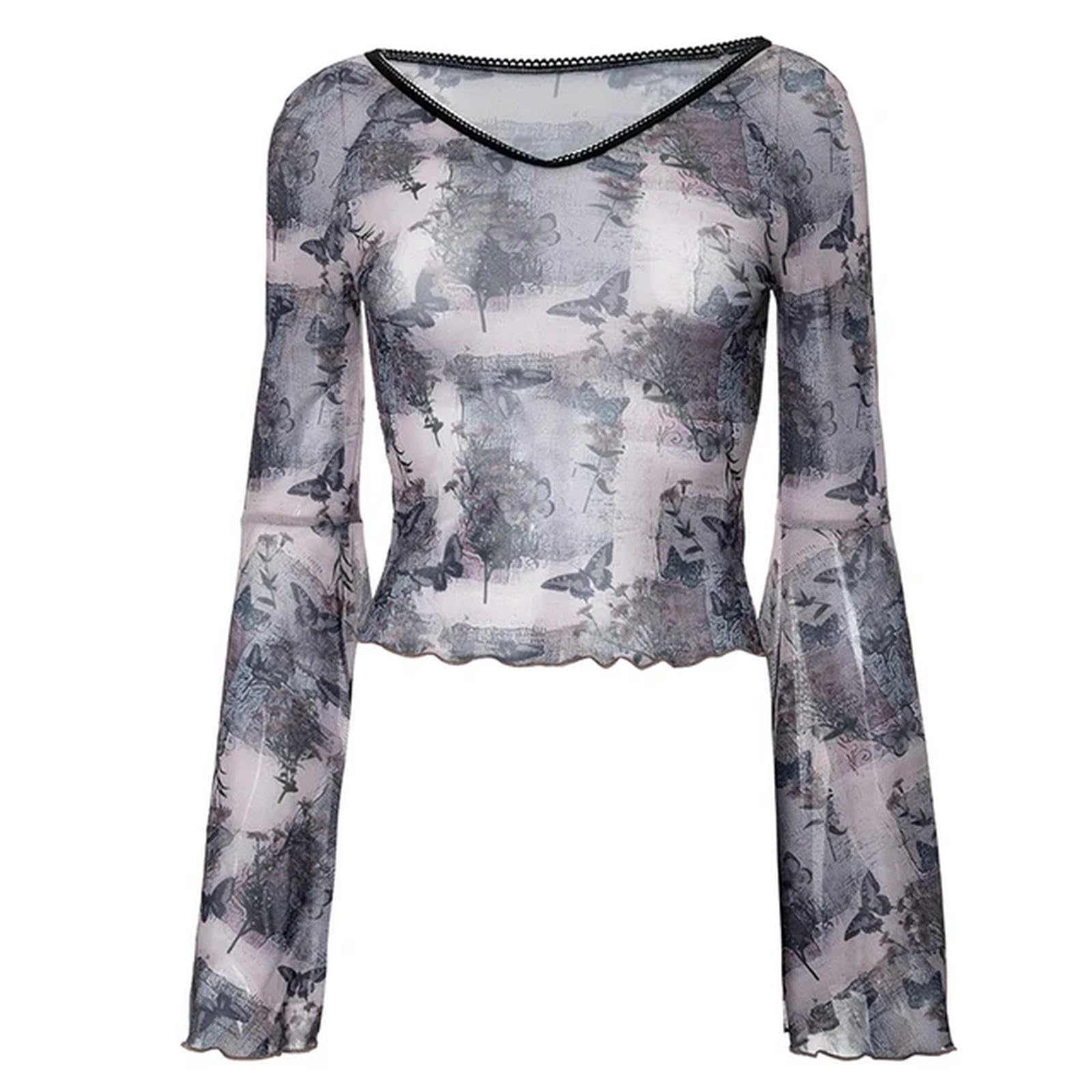 T-shirt manches évasées en maille fine et détails dentelle romantique