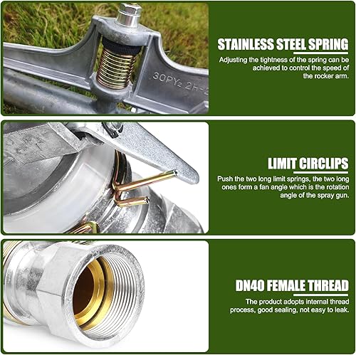 Miniatura 3 de EVTSCAN Pistola de lluvia de alta presión DN40 de 1.5 pulgadas, con boquilla doble, rotación automática ajustable de 360 grados, para cubrir grandes