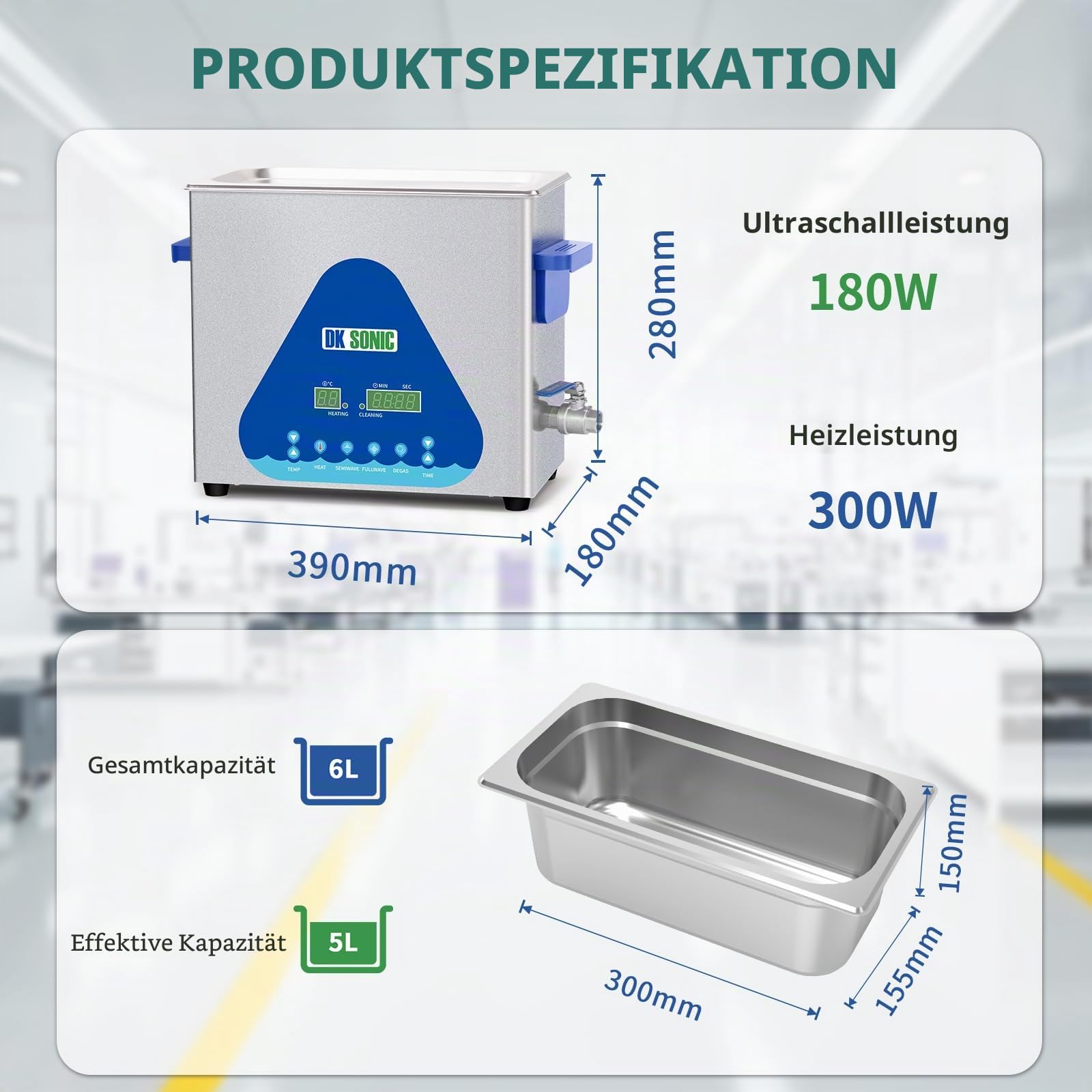 DK SONIC Ultraschallreiniger, 6L 180W Industrieller Ultraschallreinigungsgerät mit Heizung und Timer, Digitaler Steuerung und Korb, mehrere Funktionen für Motorradmotoren, Vergaser, Ketten