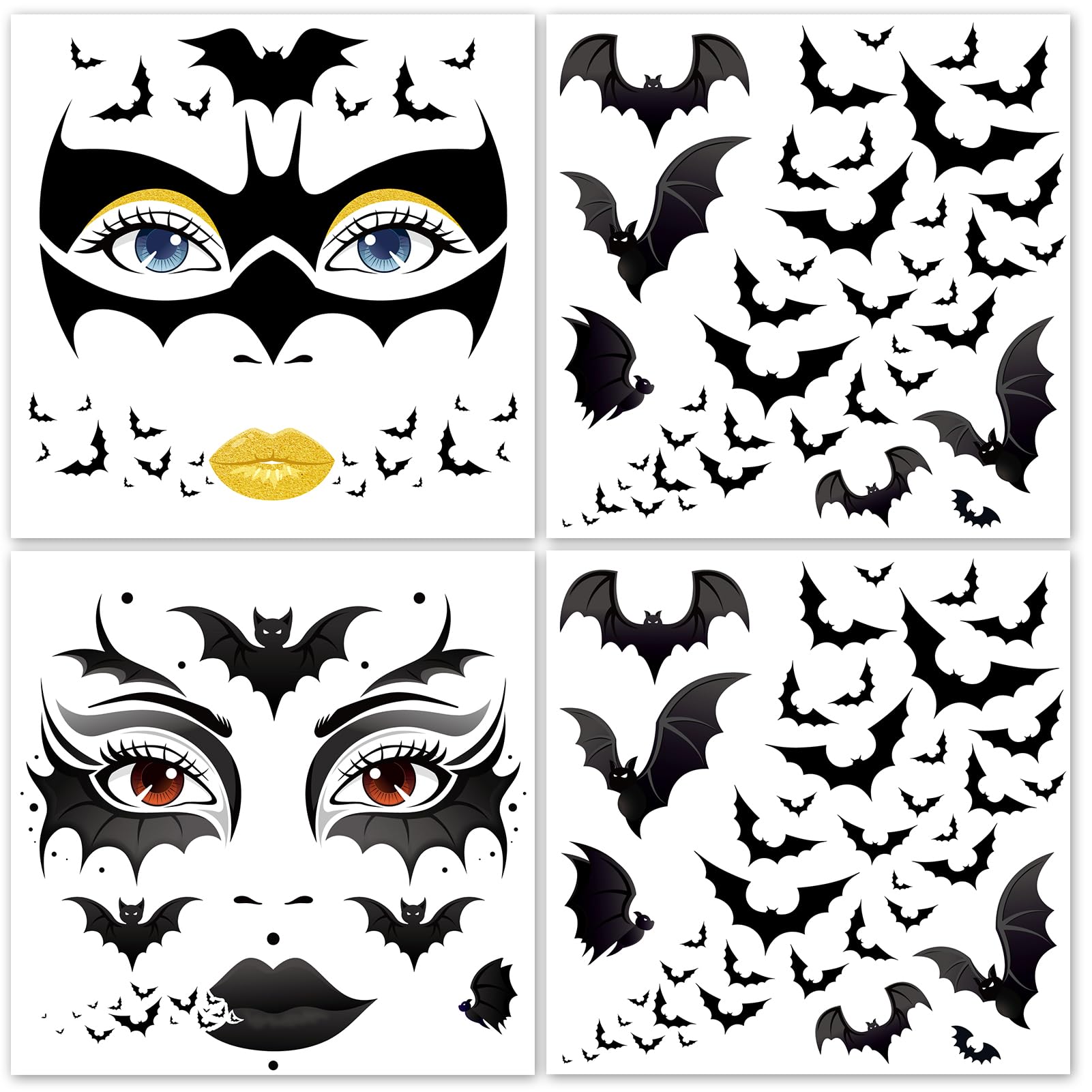 HOWAF 4 PCS Halloween Face Tattoos, Bat Face Sticker Temporary Tattoos Stickers for Bat Costume Carnival Halloween Costume Women Men