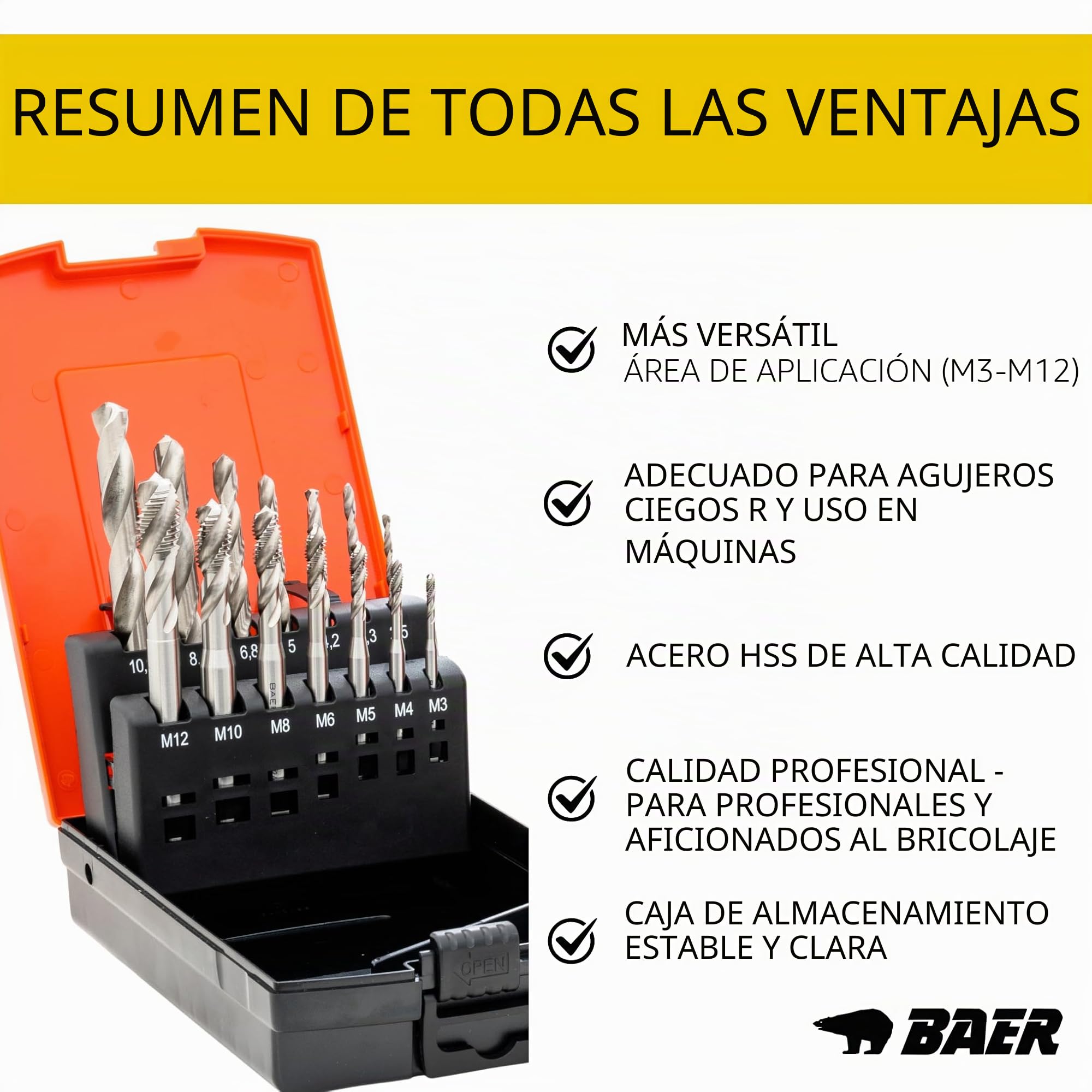 BAER Juego de machos de roscar M3-M12, 14 piezas, HSS-G, agujero ciego, forma C, juego de machos métricos DIN 371, tolerancia 6H, juego de roscas de acero hasta 900 N/mm²