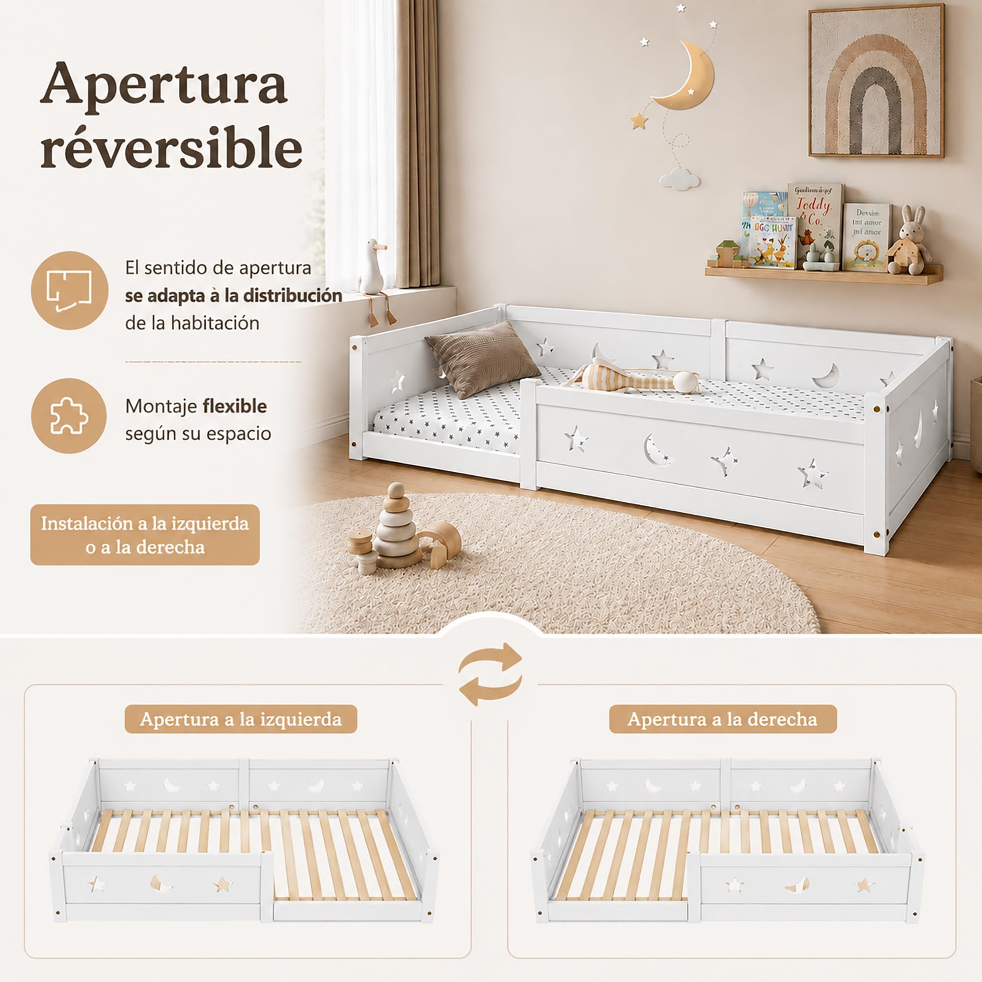Cama Montessori 140x200 cm, Cama Doble Infantil con Protección Anticaída y Somier de Láminas, Baby Bed Toddler Bed para Niños y Niñas, Estrella y Luna, Pino, Sin Colchón, Blanco
