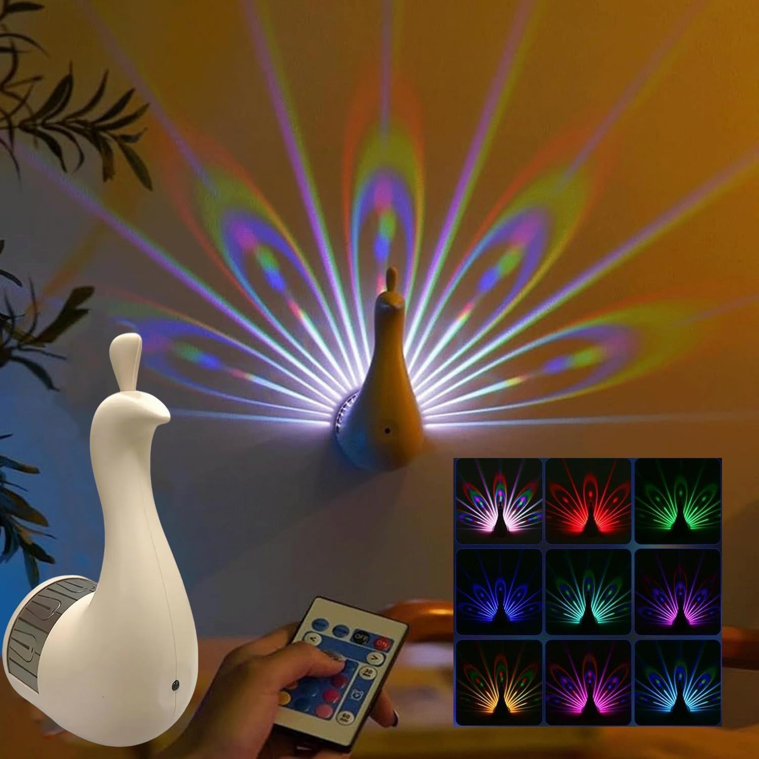 Peacock Wall Light,7 Color LED Peacock Projection Lamp Nightlight with Remote Control USB Rechargeable Projector Night Light for Home Decor Living Room Bedroom Office (White Peacock Lamp)-image-49