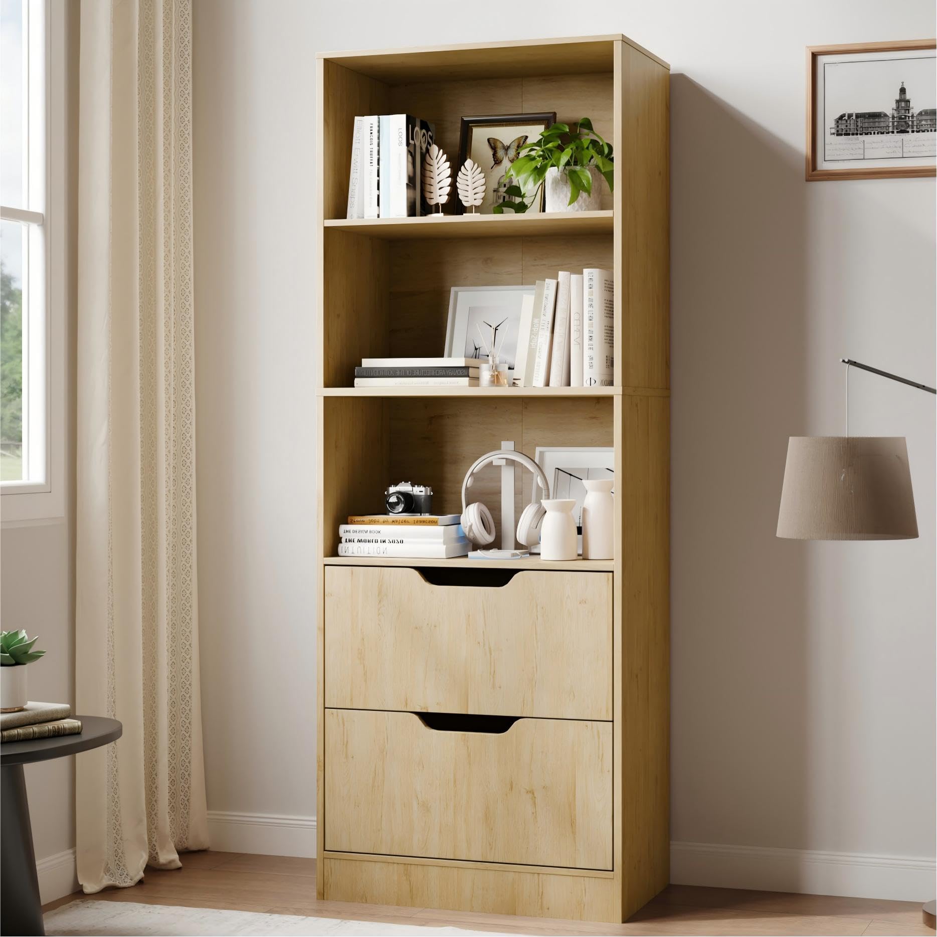 Housoul 3-Tier Bookcase with 2 Drawers in natural wood finish, shown in a room setting.