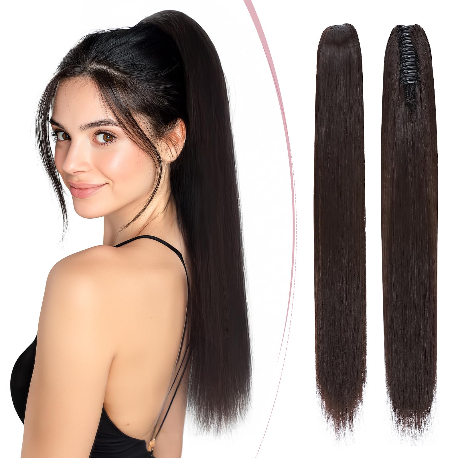 SEGO Pro Claw Clip Ponytail Hair Extensions Synthetic Pony Tail Hair Pieces for Women 21 Inch Straight 140g (Dark Brown)