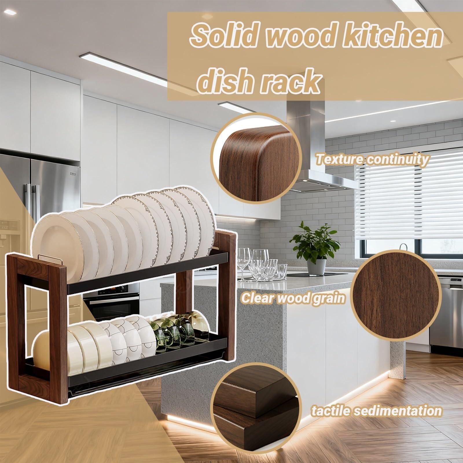Scolapiatti in legno a 2 livelli, scolapiatti pieghevole scolapiatti | Portautensili con set portaposate for utensili da cucina