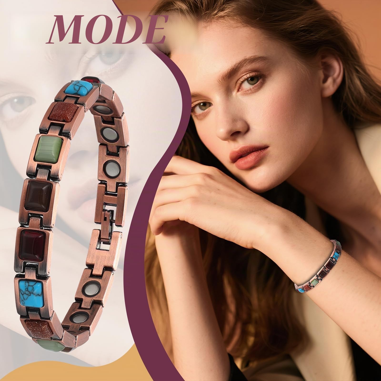 JewelryWe Kupfer Magnetarmband mit Türkis für Damen, Antik Magnetisch Kupferarmband Herz Sechseck Rechteck Link Verstellbares Armband mit Gauss Magneten reines Kupferschmuck für Frau Mutter