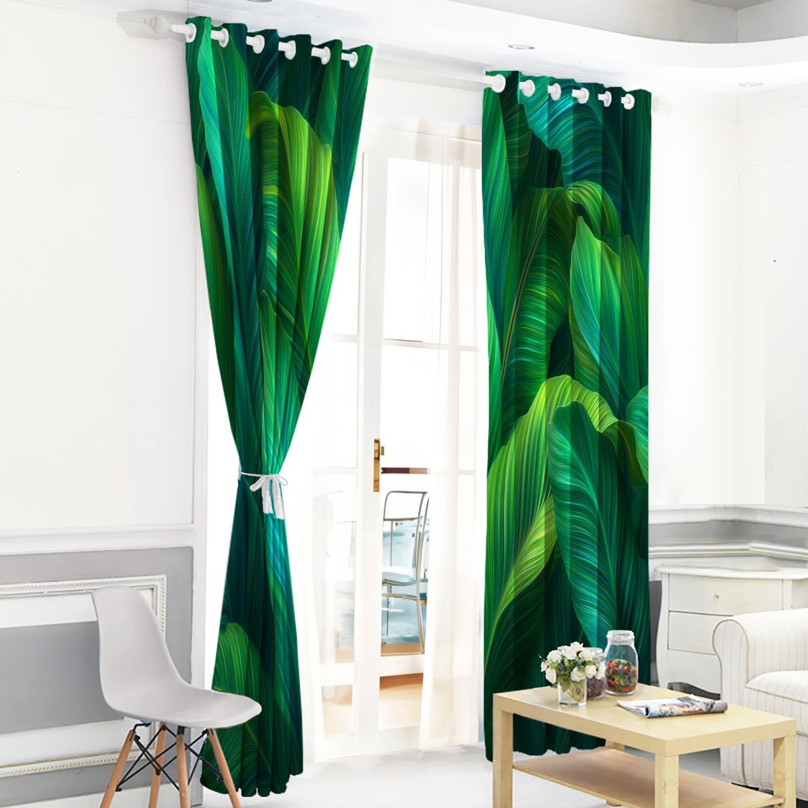 Rideau Occultant Grande Feuille De Bananier Vert, Motif Surréalisme, Rideau Thermique Isolant à Oeillets, Rideaux Fenetre Imprimé pour Salon Chambre Décoration, Lot de 2, 140L X 175H cm