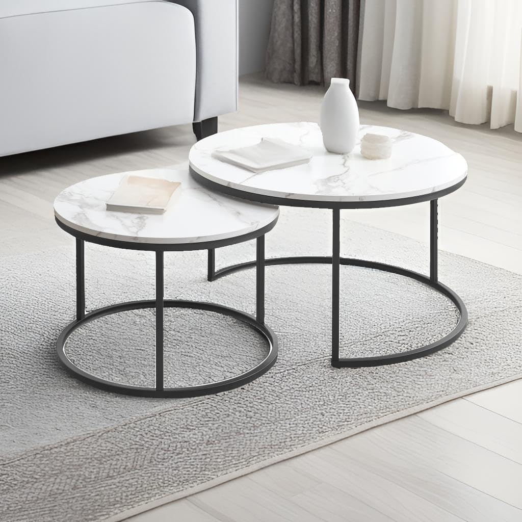 Set di tavolini rotondi (2 pezzi) in marmo, due in uno, adatti per soggiorno, lounge, home office e terrazze ⌀80cm e ⌀60cm
