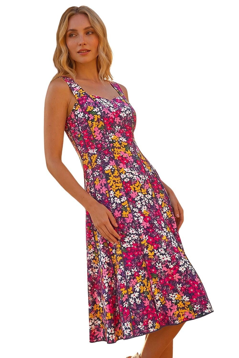 Roman Women's Fuchsia Floral Print Stretch Panel Dress Size 18