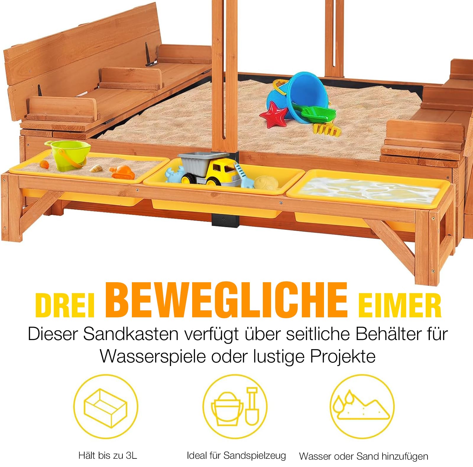 Aivituvin Kinder Sandkasten mit Abdeckung, 120x120x132cm Holz Deckel sandkiste mit aufziehbarer Dach, faltbaren Sitzbänken für draußen mit Aufbewahrungsbox
