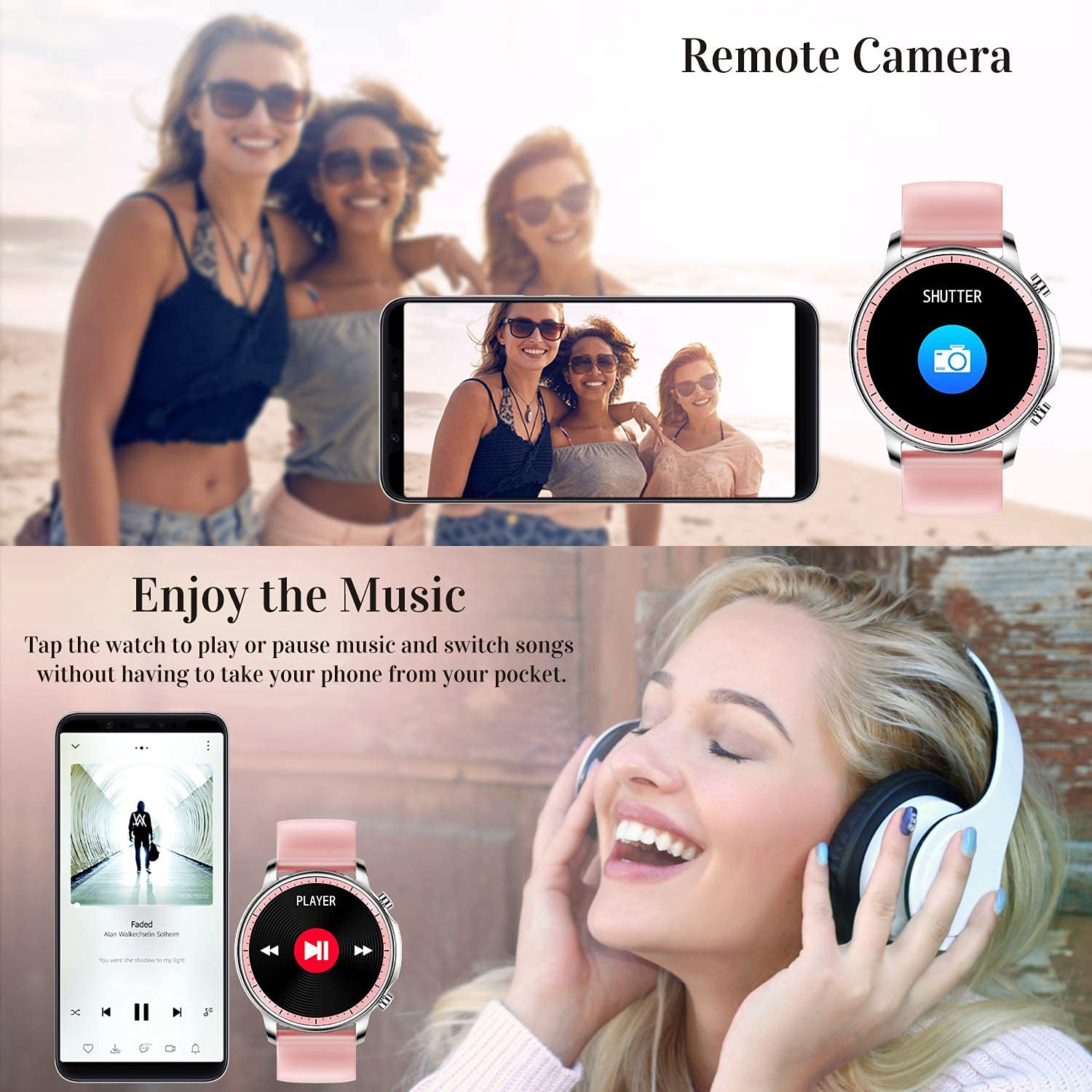 Screenshots demonstrating how to customize watch faces with personal photos through the Da Fit app.