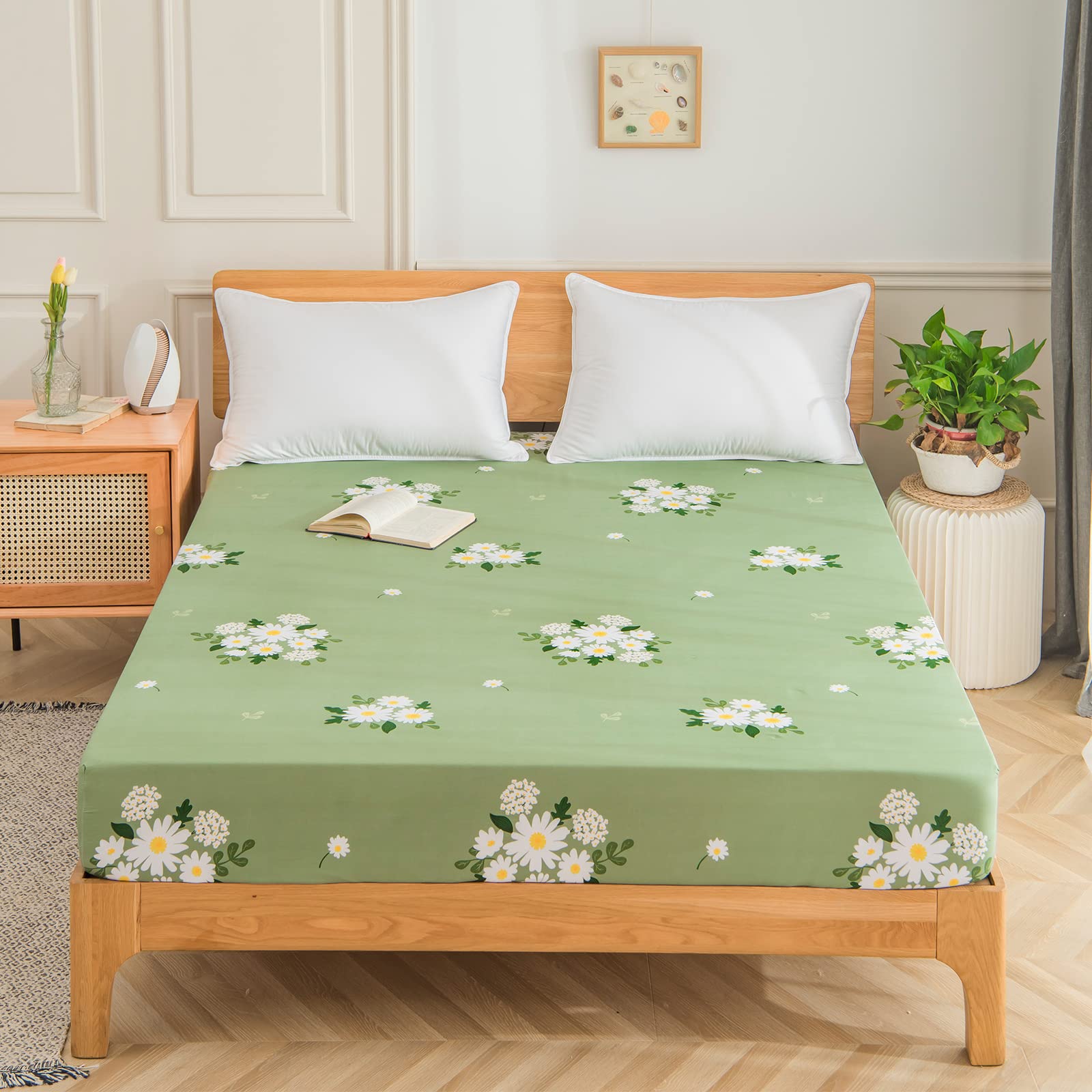 Green Floral Fitted Sheet, Extra Deep Pocket Bedding Sheet, White Daisy Flower Botanical Printed Design 1 Piece Fitted Sheet Single Flower Mattress Cover Full Size(Floral, Full)