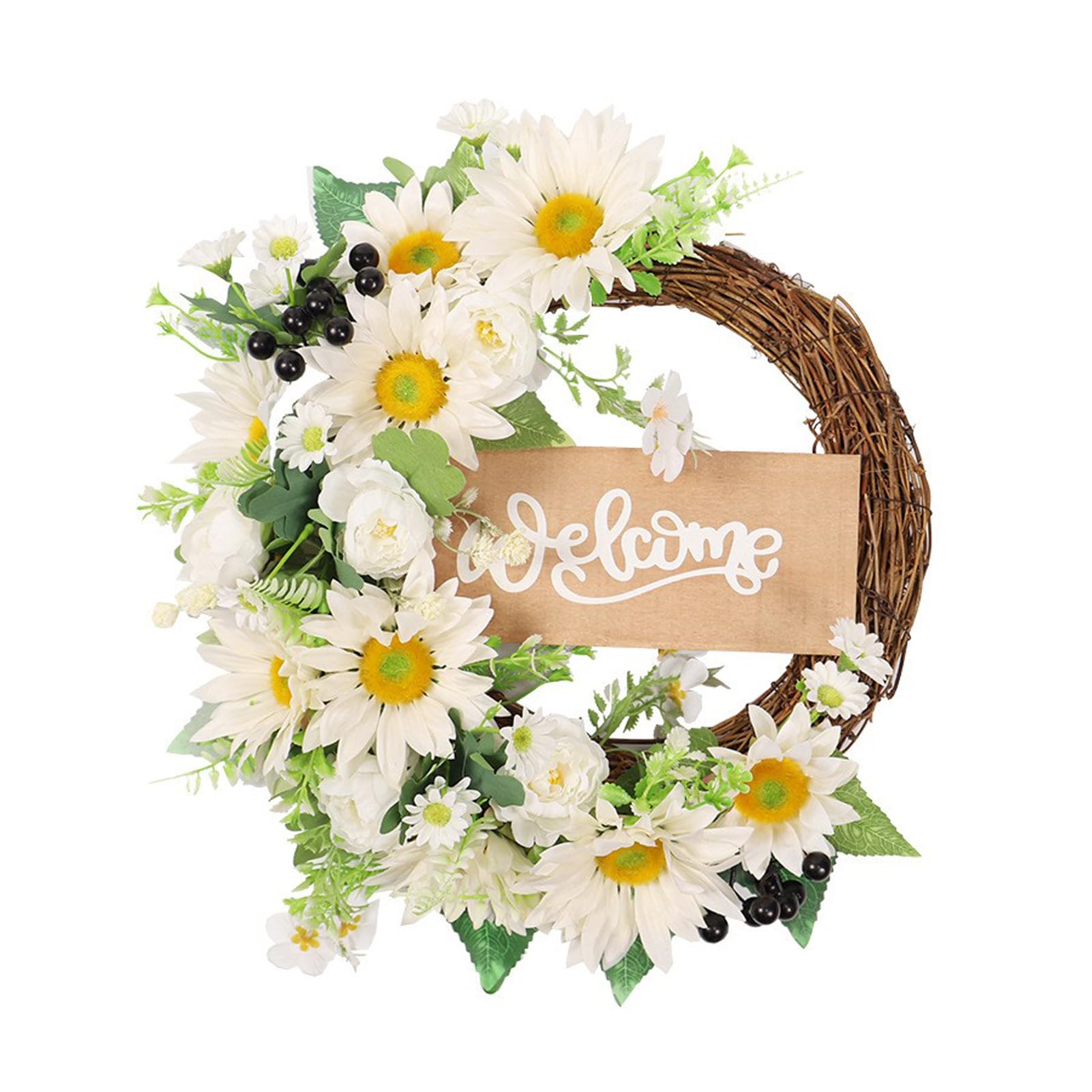 Ghirlanda di Girasoli Artificiali, Ghirlande Estive per la Decorazione della Porta D'ingresso, 15,7 Pollici Ghirlande Primaverili Estive di Girasole Bianco con Cartello di Benvenuto per la Parete Dell