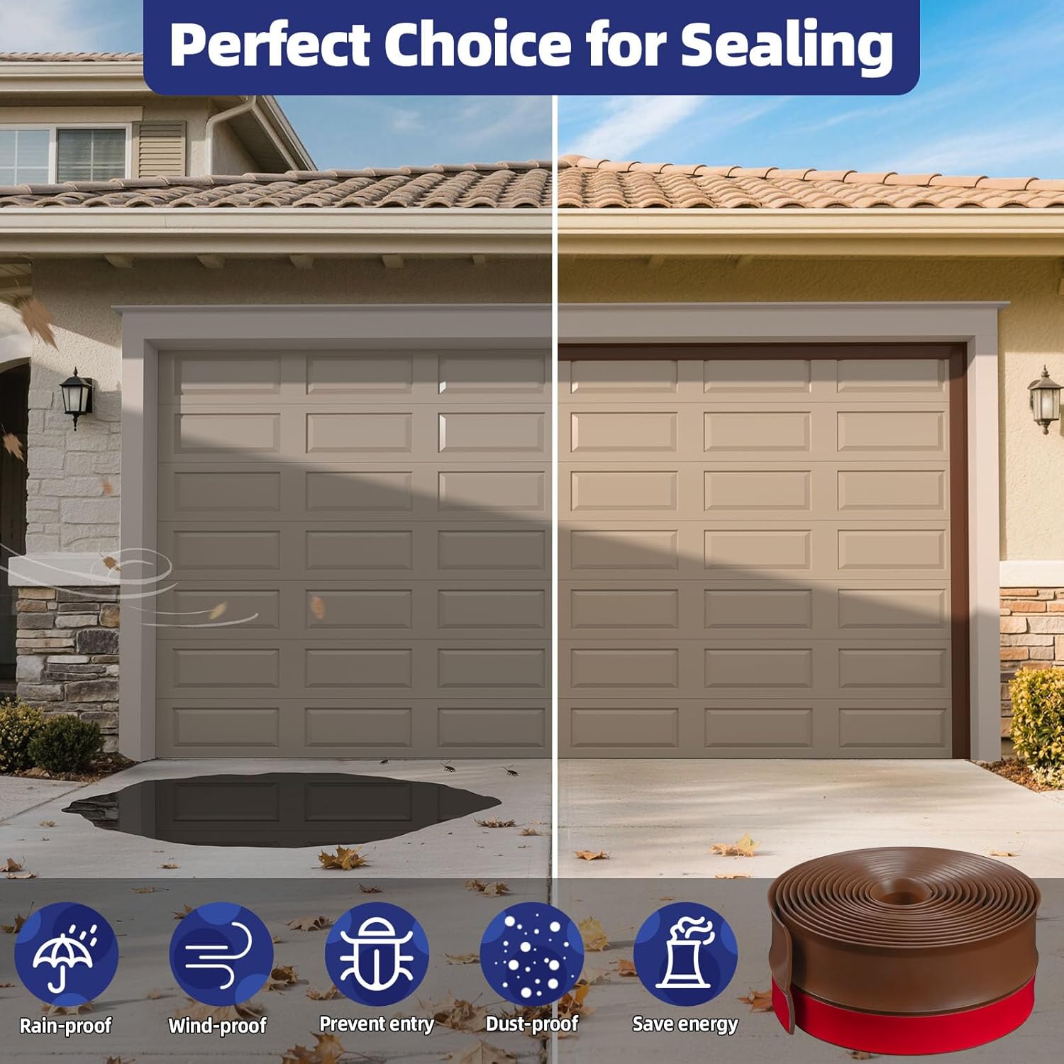 Garage Door Seal Top and Sides - TPE Weather Stripping Garage Door Seal Replacement Insulation, Easy Installation for DIY-Brown, 36 ft