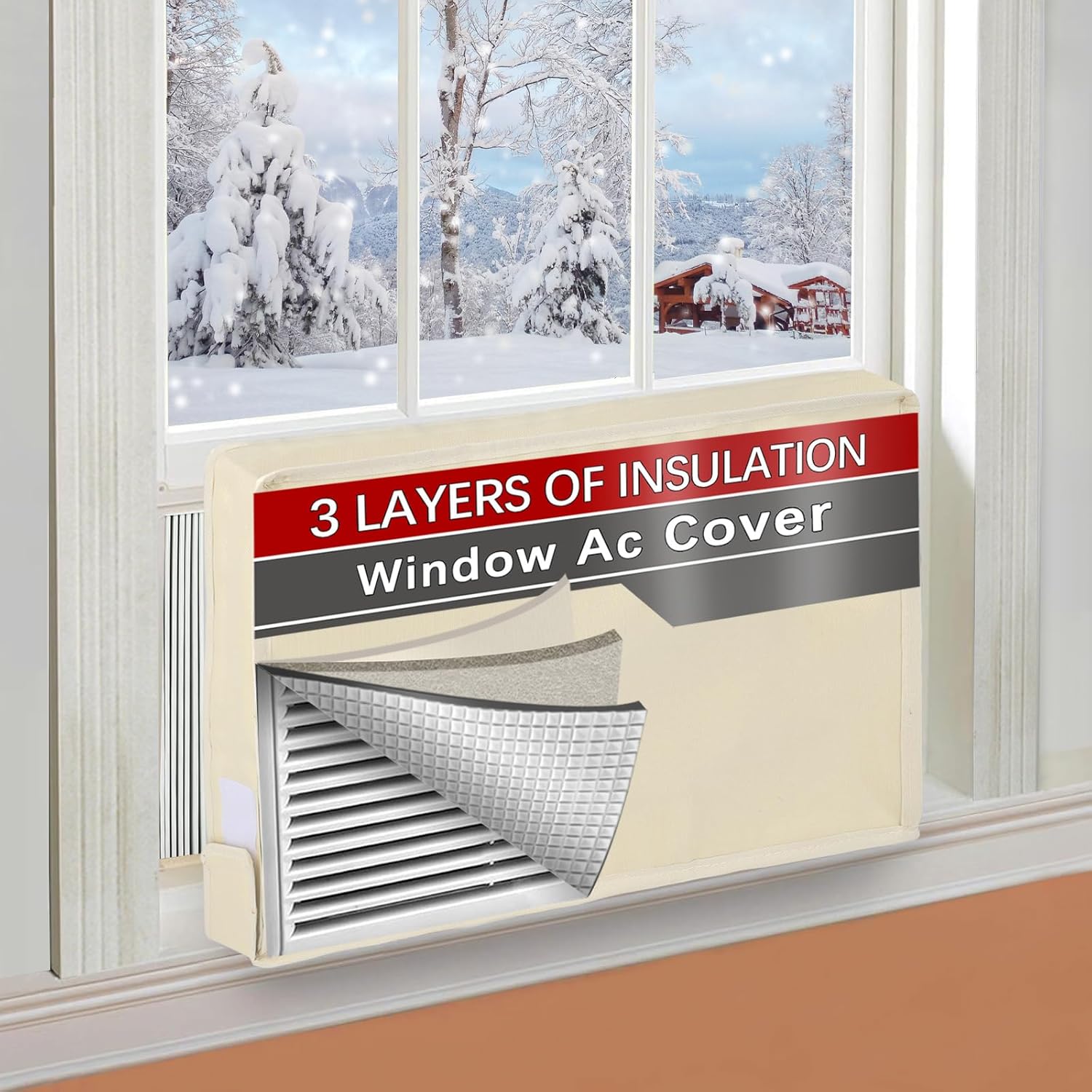 21"Lx15"Hx3.5"D Indoor Air Conditioner Cover for Window Units - 3 Layer Insulation with Aluminum Foil and 2mm Foam, Windproof - Beige