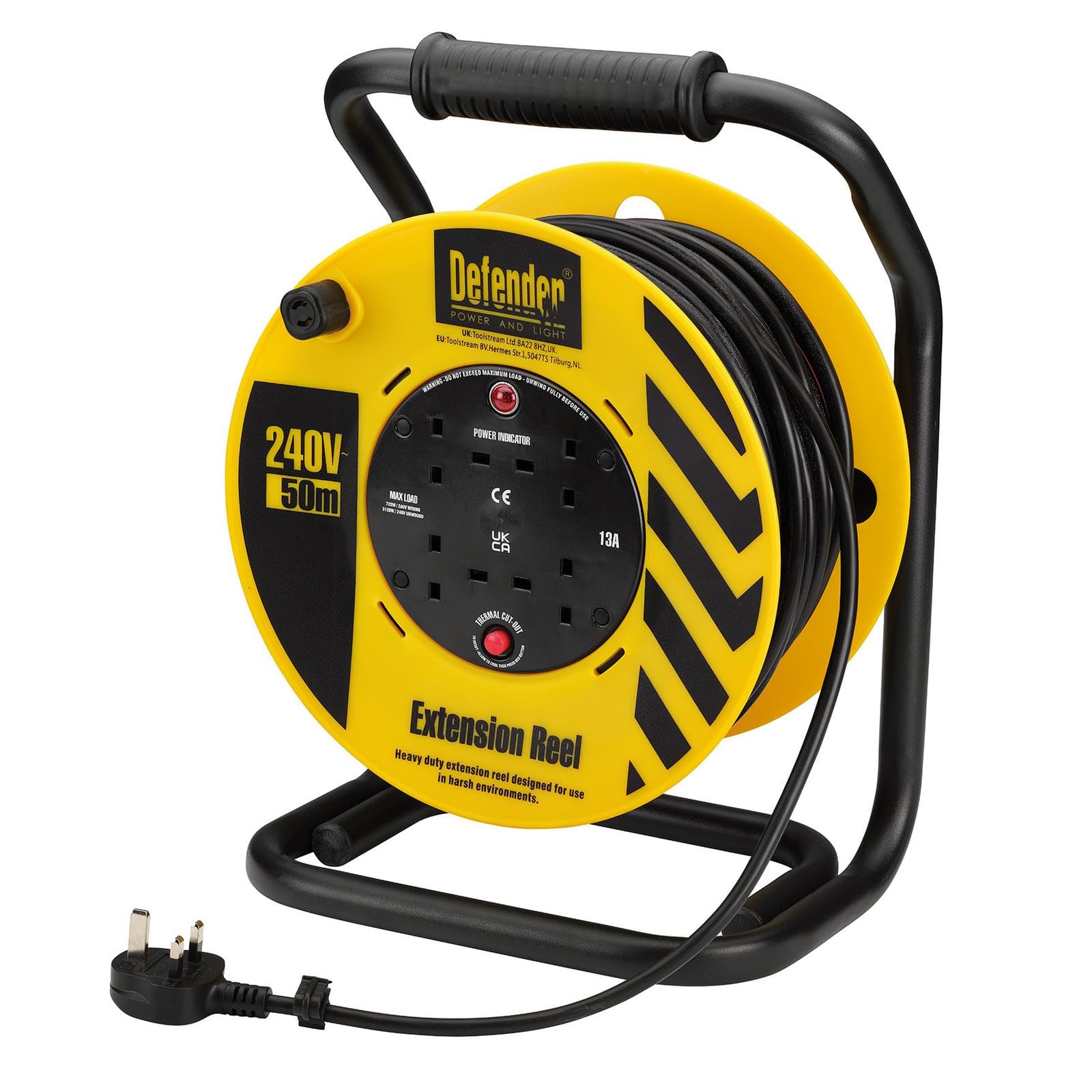 Defender Power And Light Yellow Defender Heavy Duty Reel 4-Way 50 M 230V 13A (E86515)