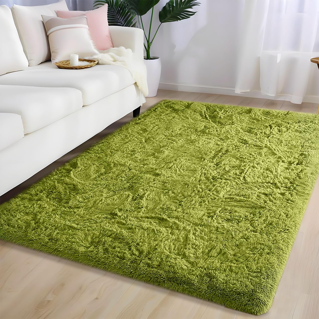 Tapis de salon vert 200x200 cm à poils longs pour chambre coucher moderne